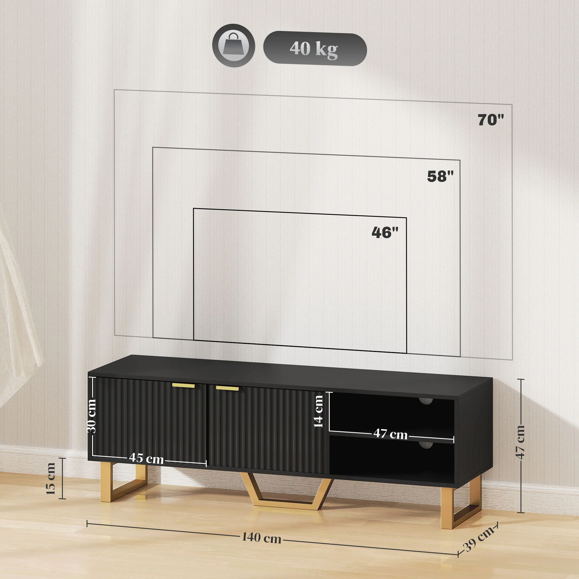 Meuble TV meuble télé bois banc TV pour téléviseur jusqu'à 70 pouces avec placard à 2 portes cannelées, compartiment ouvert et passe-cables, pour salon chambre à coucher, 140 x 39 x 47 cm, noir - Image 4