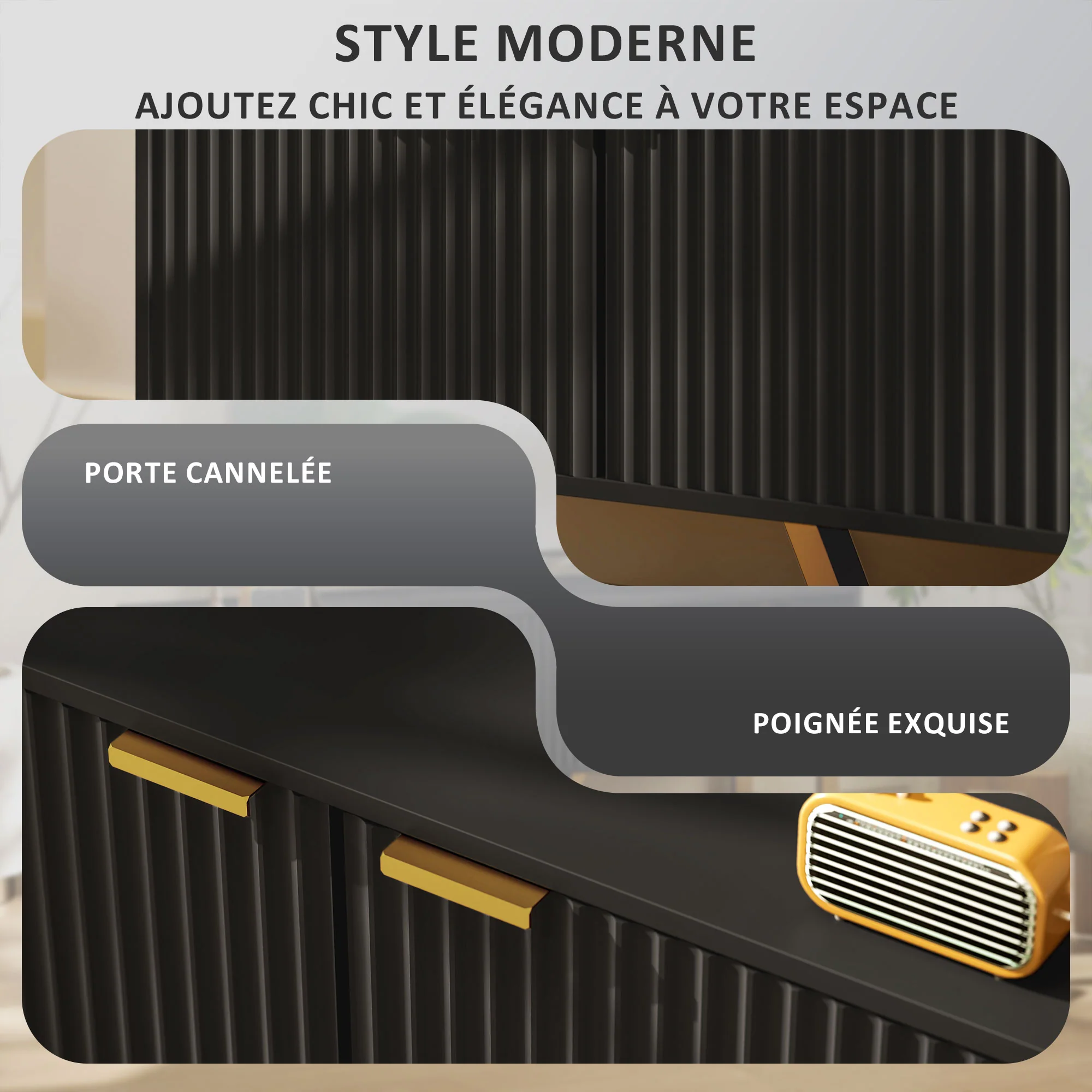 Meuble TV meuble télé bois banc TV pour téléviseur jusqu'à 70 pouces avec placard à 2 portes cannelées, compartiment ouvert et passe-cables, pour salon chambre à coucher, 140 x 39 x 47 cm, noir - Image 5
