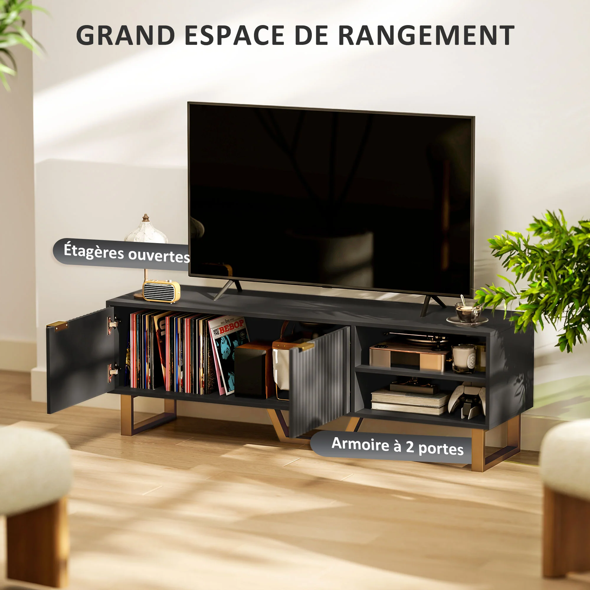 Meuble TV meuble télé bois banc TV pour téléviseur jusqu'à 70 pouces avec placard à 2 portes cannelées, compartiment ouvert et passe-cables, pour salon chambre à coucher, 140 x 39 x 47 cm, noir - Image 6