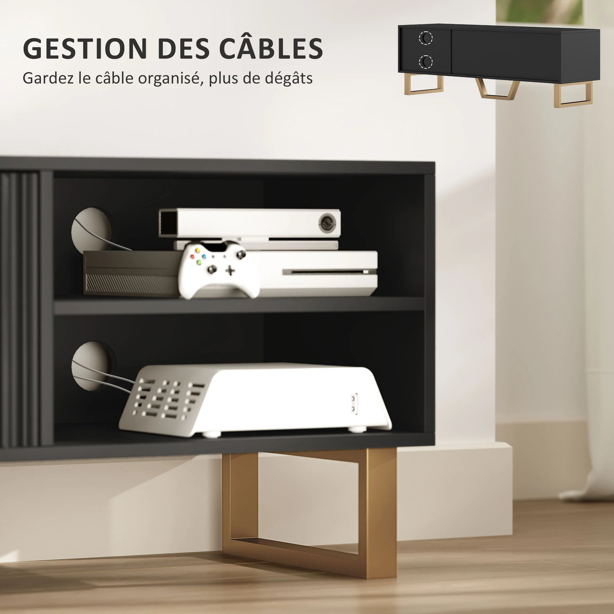 Meuble TV meuble télé bois banc TV pour téléviseur jusqu'à 70 pouces avec placard à 2 portes cannelées, compartiment ouvert et passe-cables, pour salon chambre à coucher, 140 x 39 x 47 cm, noir - Image 7