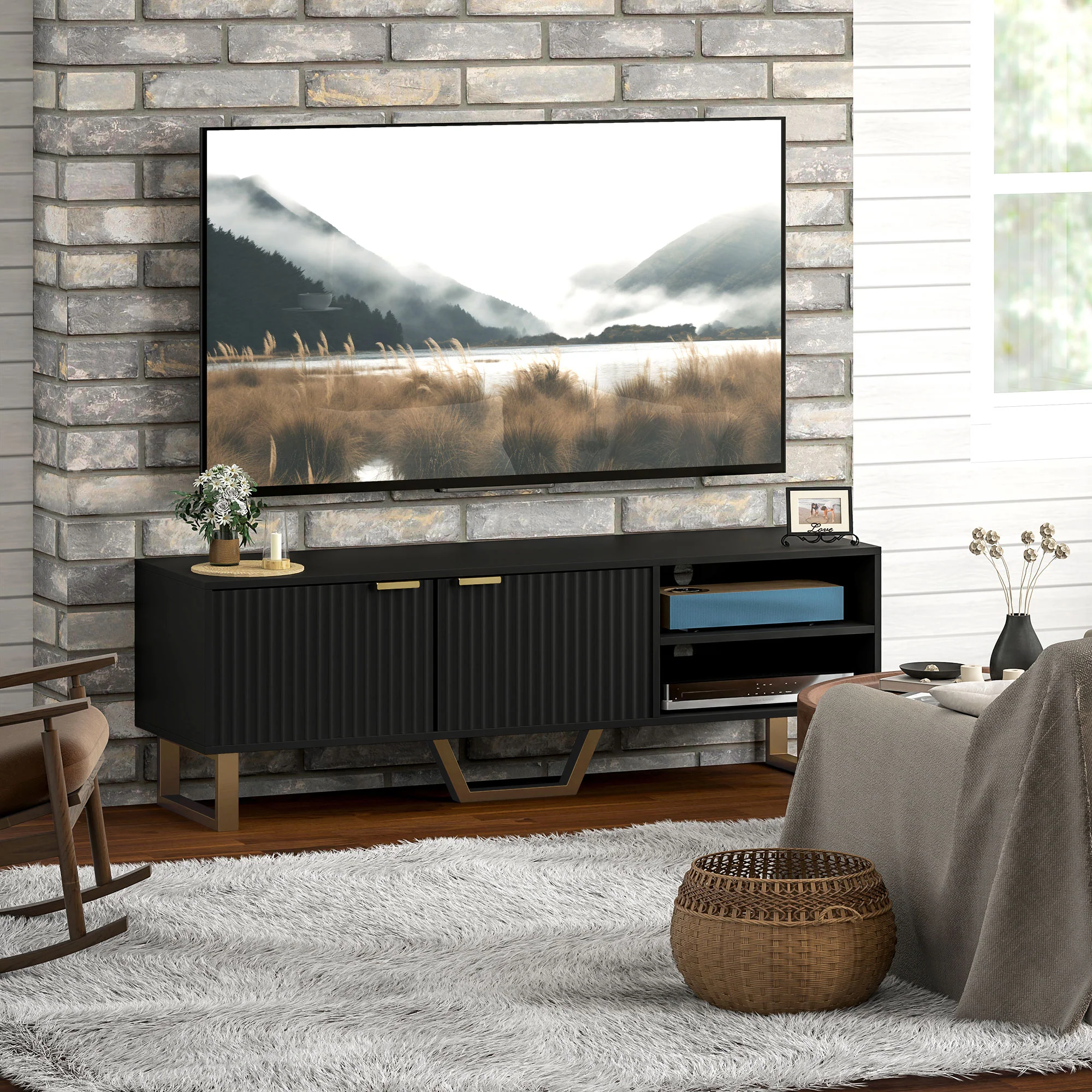 Meuble TV meuble télé bois banc TV pour téléviseur jusqu'à 70 pouces avec placard à 2 portes cannelées, compartiment ouvert et passe-cables, pour salon chambre à coucher, 140 x 39 x 47 cm, noir - Image 8