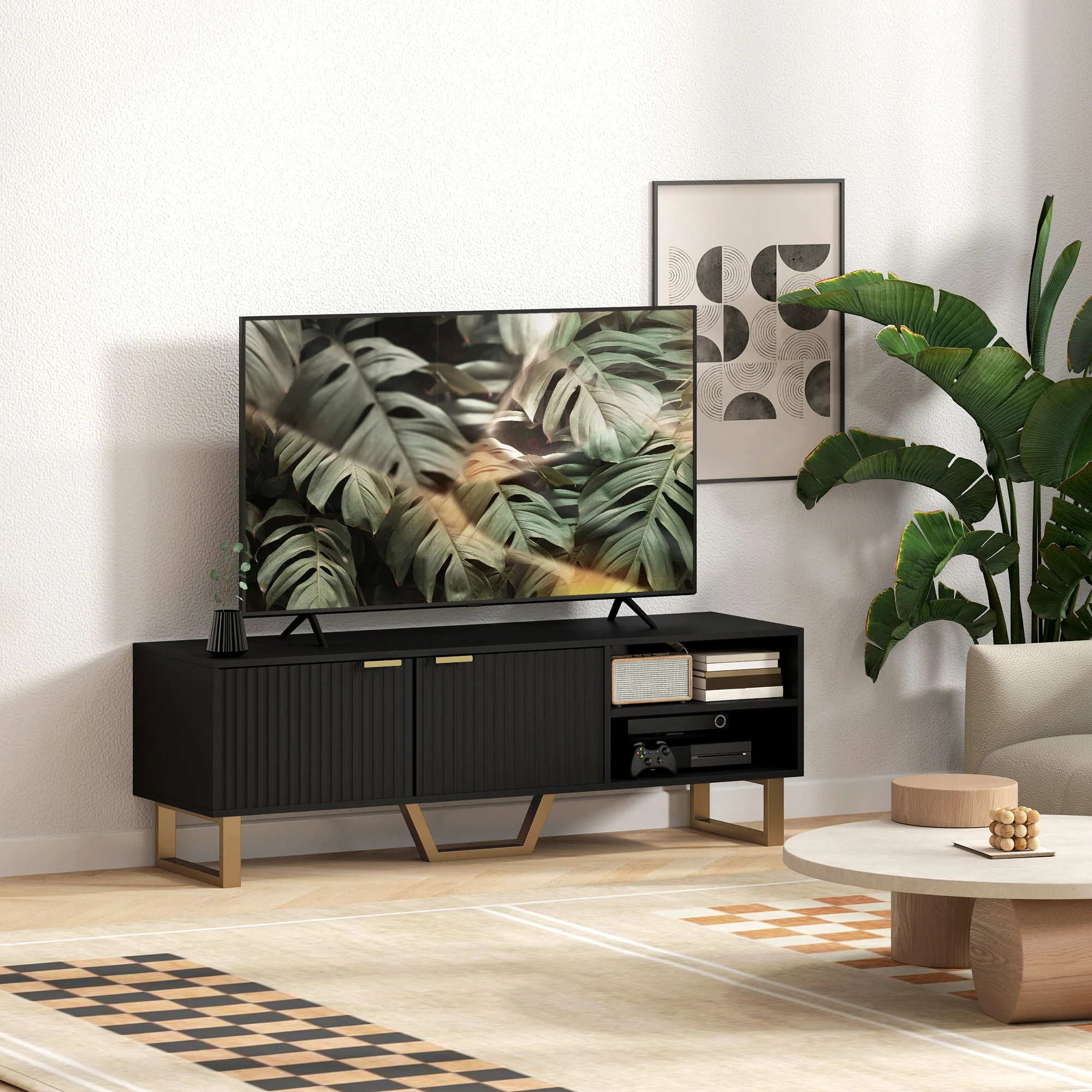 Meuble TV meuble télé bois banc TV pour téléviseur jusqu'à 70 pouces avec placard à 2 portes cannelées, compartiment ouvert et passe-cables, pour salon chambre à coucher, 140 x 39 x 47 cm, noir - Image 9