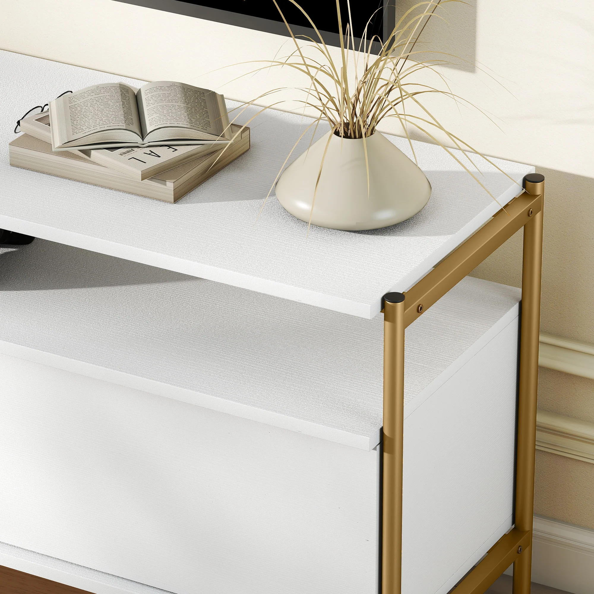 Meuble TV meuble télé pour téléviseur jusqu'à 55 pouces avec 2 portes rabattables et étagère ouverte, cadre en acier, banc TV moderne pour salon chambre à coucher, 124 x 35 x 50 cm, blanc - Image 10