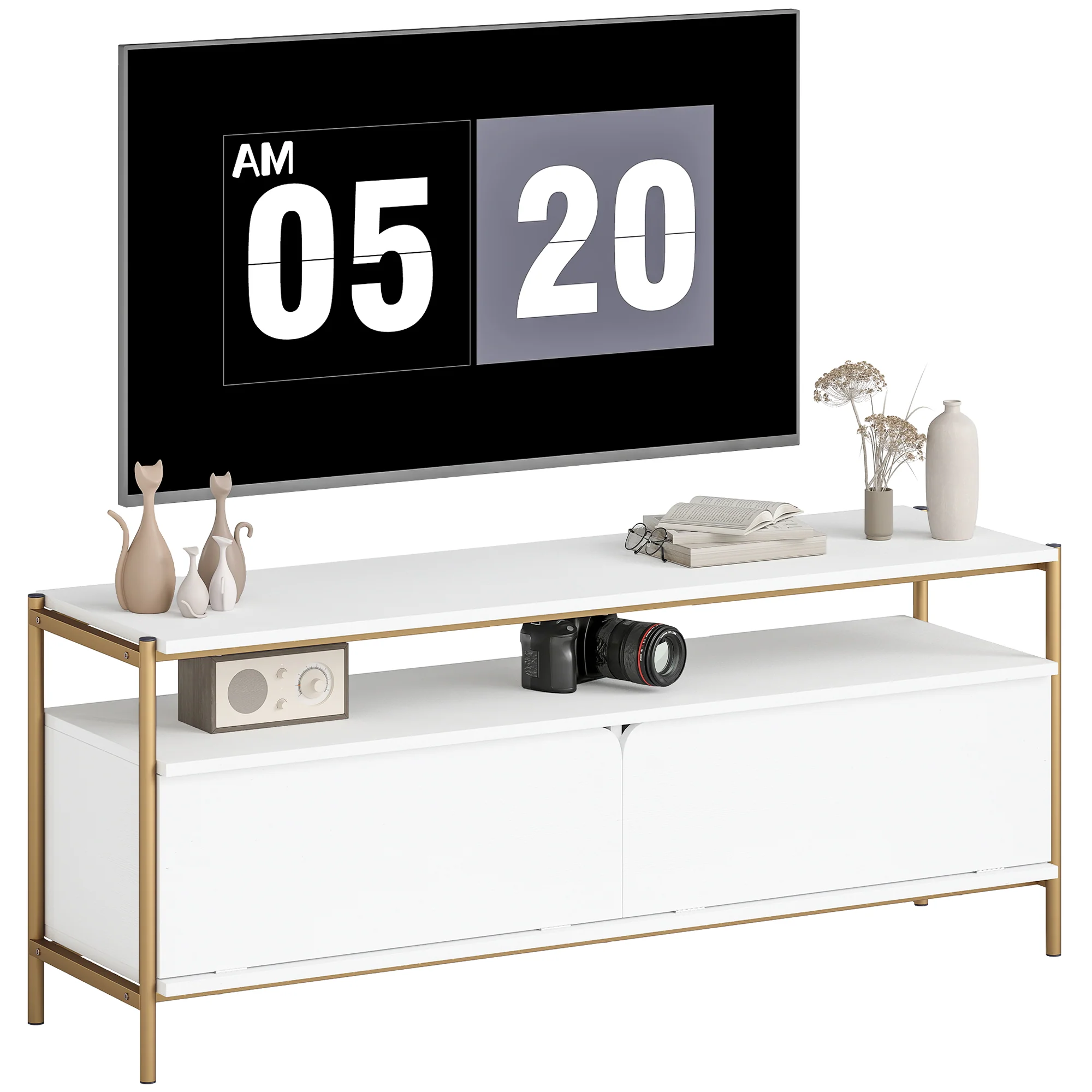 Meuble TV meuble télé pour téléviseur jusqu'à 55 pouces avec 2 portes rabattables et étagère ouverte, cadre en acier, banc TV moderne pour salon chambre à coucher, 124 x 35 x 50 cm, blanc - Image 11