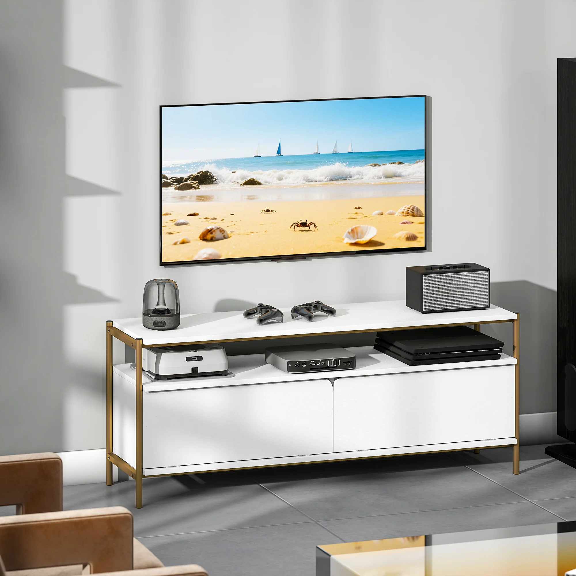 Meuble TV meuble télé pour téléviseur jusqu'à 55 pouces avec 2 portes rabattables et étagère ouverte, cadre en acier, banc TV moderne pour salon chambre à coucher, 124 x 35 x 50 cm, blanc - Image 3