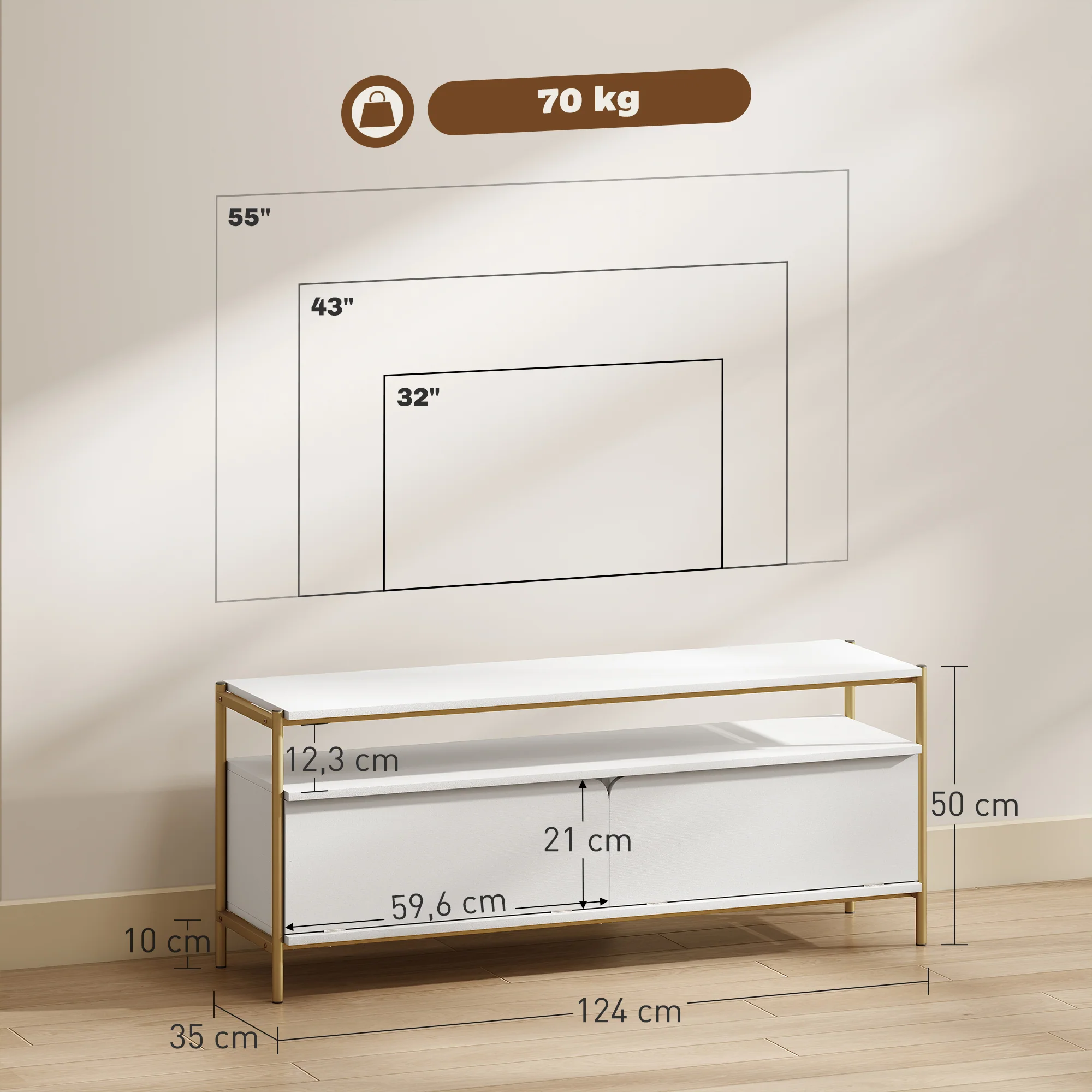 Meuble TV meuble télé pour téléviseur jusqu'à 55 pouces avec 2 portes rabattables et étagère ouverte, cadre en acier, banc TV moderne pour salon chambre à coucher, 124 x 35 x 50 cm, blanc - Image 4