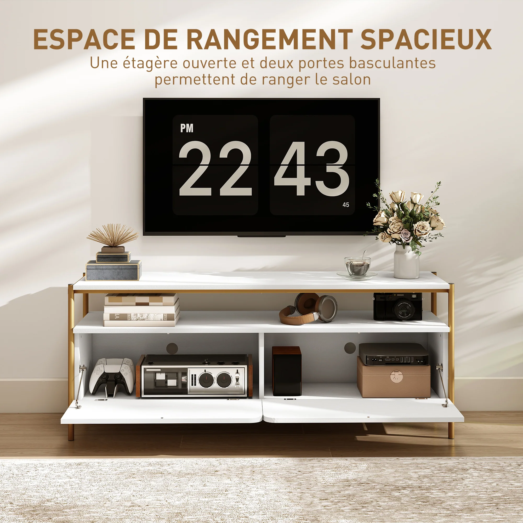 Meuble TV meuble télé pour téléviseur jusqu'à 55 pouces avec 2 portes rabattables et étagère ouverte, cadre en acier, banc TV moderne pour salon chambre à coucher, 124 x 35 x 50 cm, blanc - Image 5