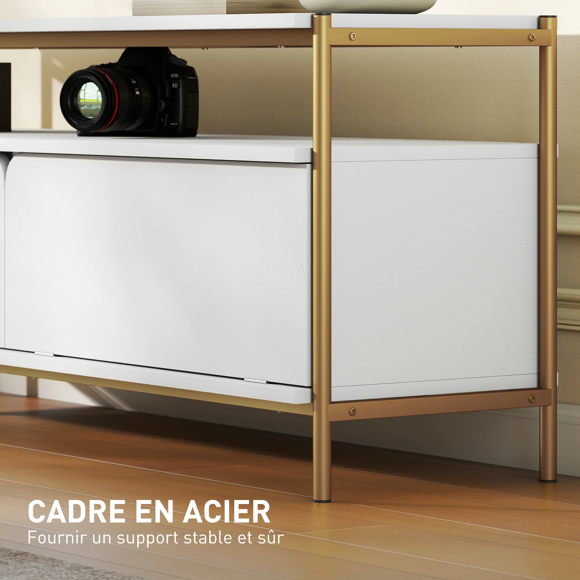 Meuble TV meuble télé pour téléviseur jusqu'à 55 pouces avec 2 portes rabattables et étagère ouverte, cadre en acier, banc TV moderne pour salon chambre à coucher, 124 x 35 x 50 cm, blanc - Image 6