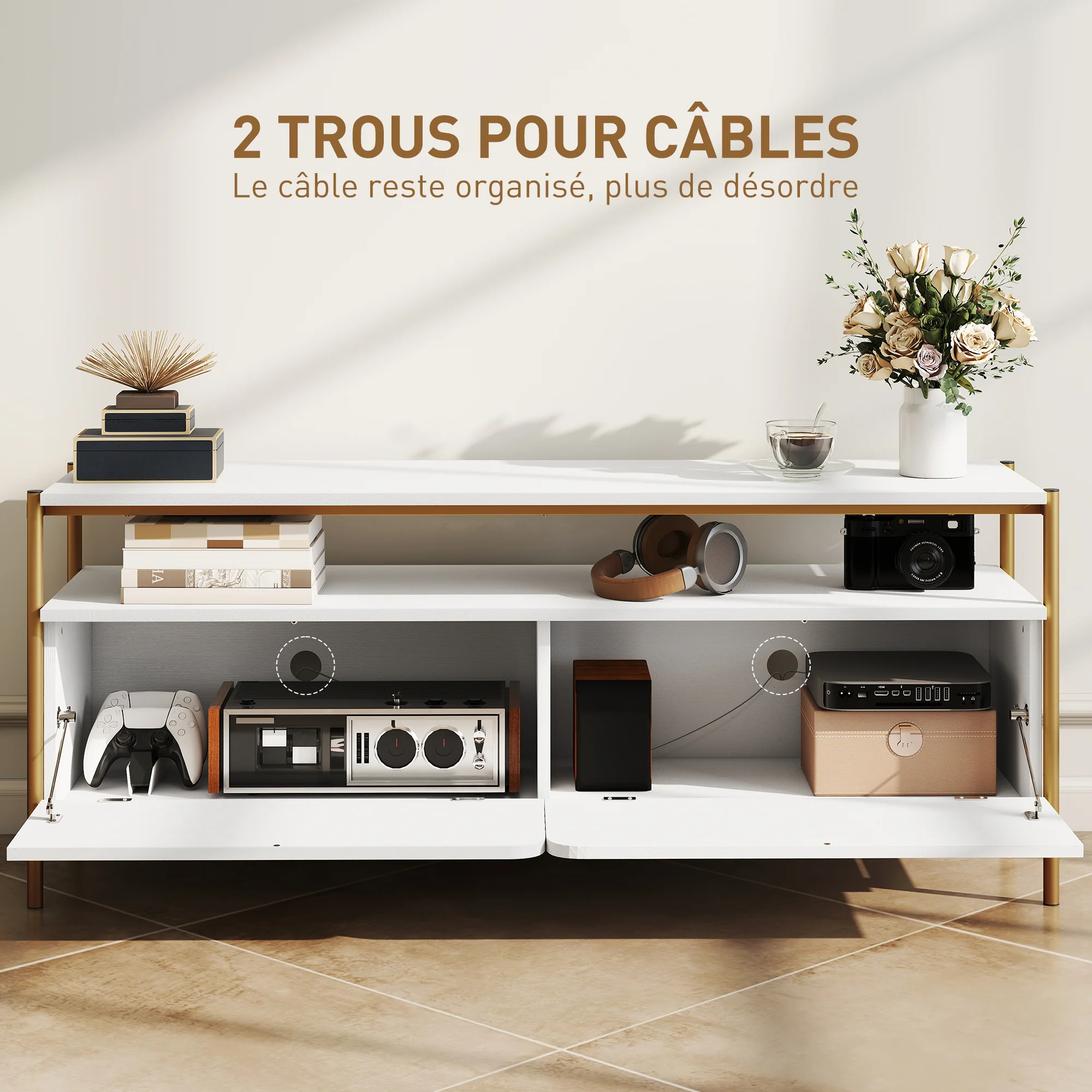 Meuble TV meuble télé pour téléviseur jusqu'à 55 pouces avec 2 portes rabattables et étagère ouverte, cadre en acier, banc TV moderne pour salon chambre à coucher, 124 x 35 x 50 cm, blanc - Image 7