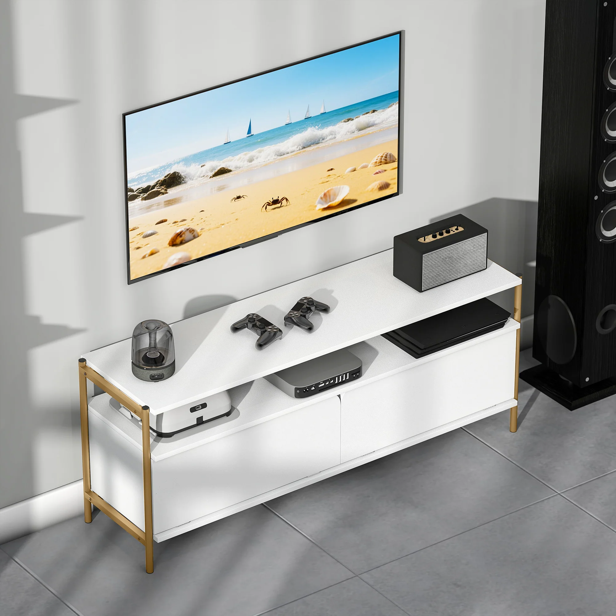 Meuble TV meuble télé pour téléviseur jusqu'à 55 pouces avec 2 portes rabattables et étagère ouverte, cadre en acier, banc TV moderne pour salon chambre à coucher, 124 x 35 x 50 cm, blanc - Image 8