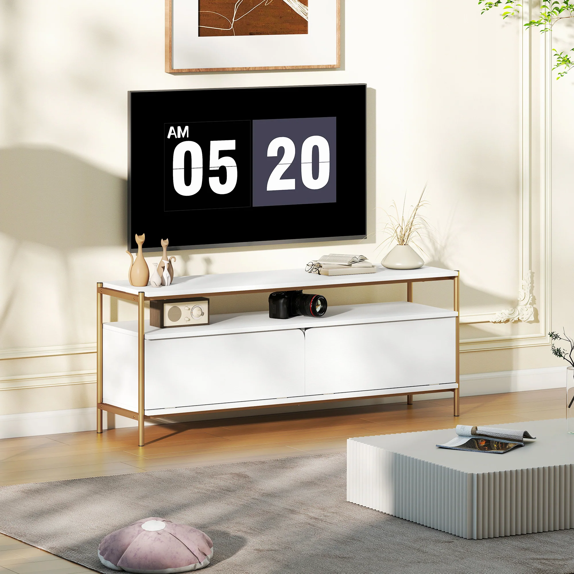 Meuble TV meuble télé pour téléviseur jusqu'à 55 pouces avec 2 portes rabattables et étagère ouverte, cadre en acier, banc TV moderne pour salon chambre à coucher, 124 x 35 x 50 cm, blanc - Image 9