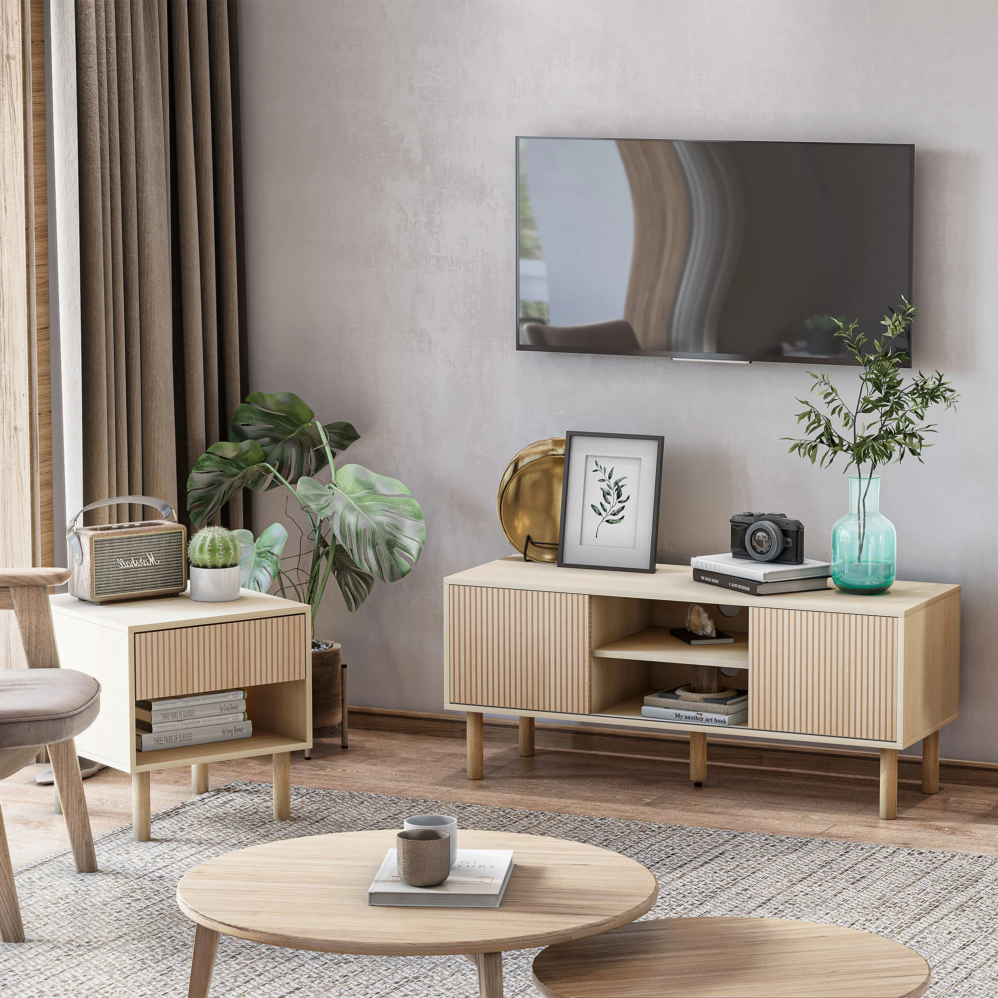 Meuble TV support TV pour télévision jusqu'à 50 pouces 2 portes coulissantes et 2 niches avec passe-câbles - 115 x 40 x 49 cm - Image 3
