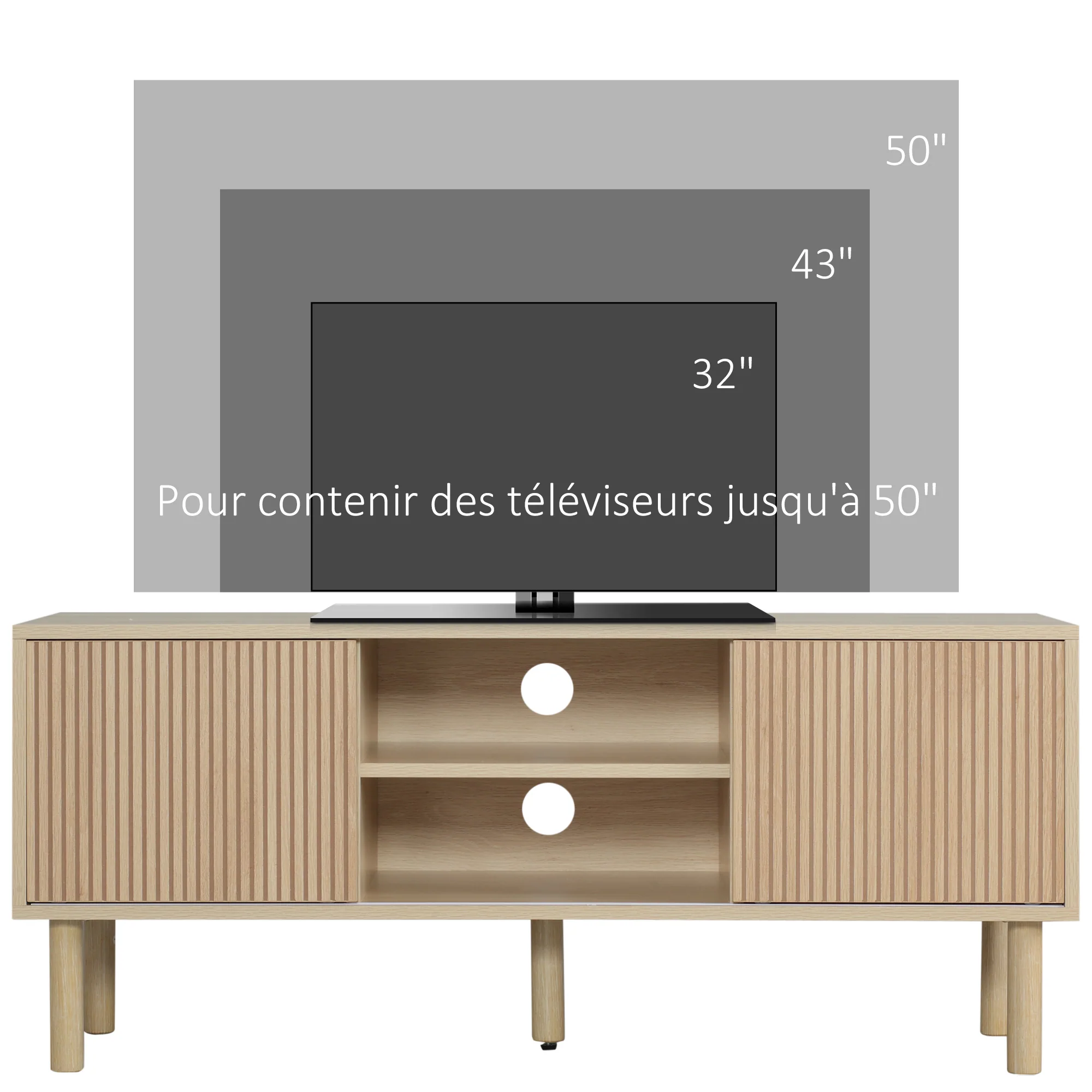 Meuble TV support TV pour télévision jusqu'à 50 pouces 2 portes coulissantes et 2 niches avec passe-câbles - 115 x 40 x 49 cm - Image 5