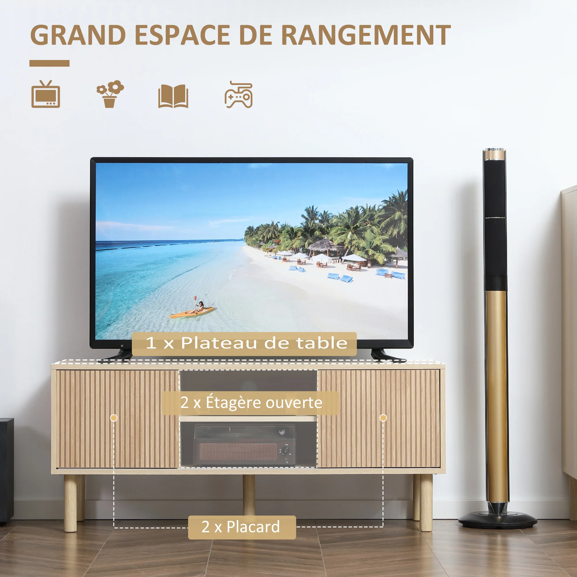 Meuble TV support TV pour télévision jusqu'à 50 pouces 2 portes coulissantes et 2 niches avec passe-câbles - 115 x 40 x 49 cm - Image 6