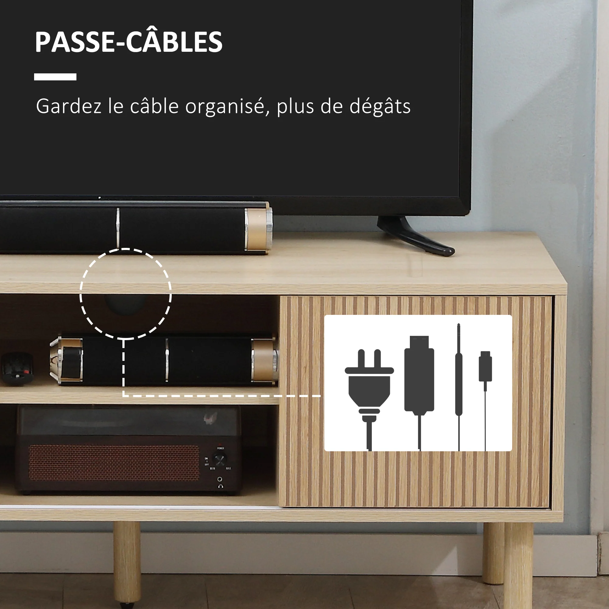 Meuble TV support TV pour télévision jusqu'à 50 pouces 2 portes coulissantes et 2 niches avec passe-câbles - 115 x 40 x 49 cm - Image 7