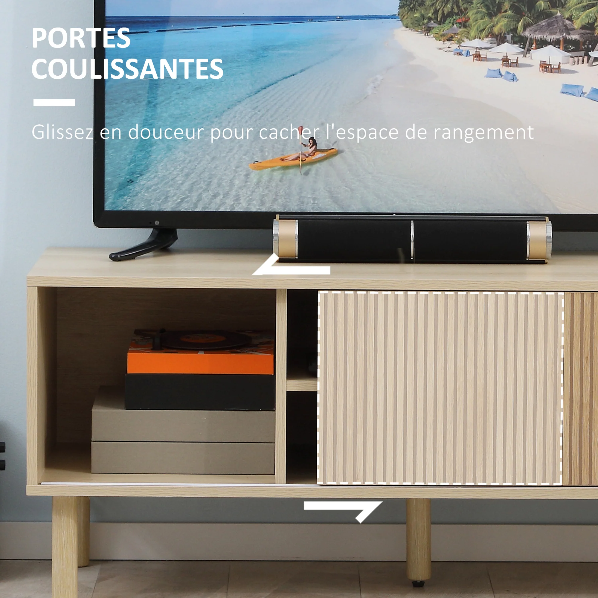 Meuble TV support TV pour télévision jusqu'à 50 pouces 2 portes coulissantes et 2 niches avec passe-câbles - 115 x 40 x 49 cm - Image 8