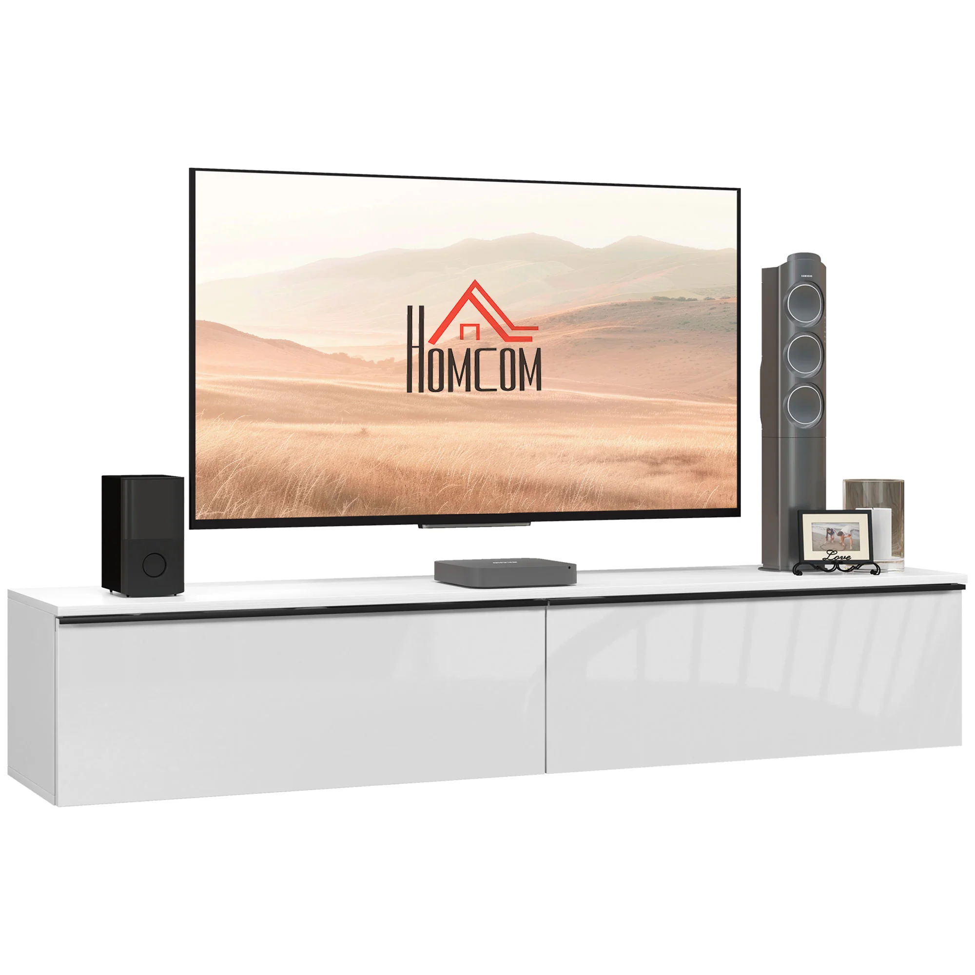 Meuble TV suspendu meuble télé bois banc TV mural pour téléviseurs jusqu'à 70 pouces avec placard à portes effet brillant, pour salon chambre à coucher, 160 x 35 x 30 cm, blanc - Image 11