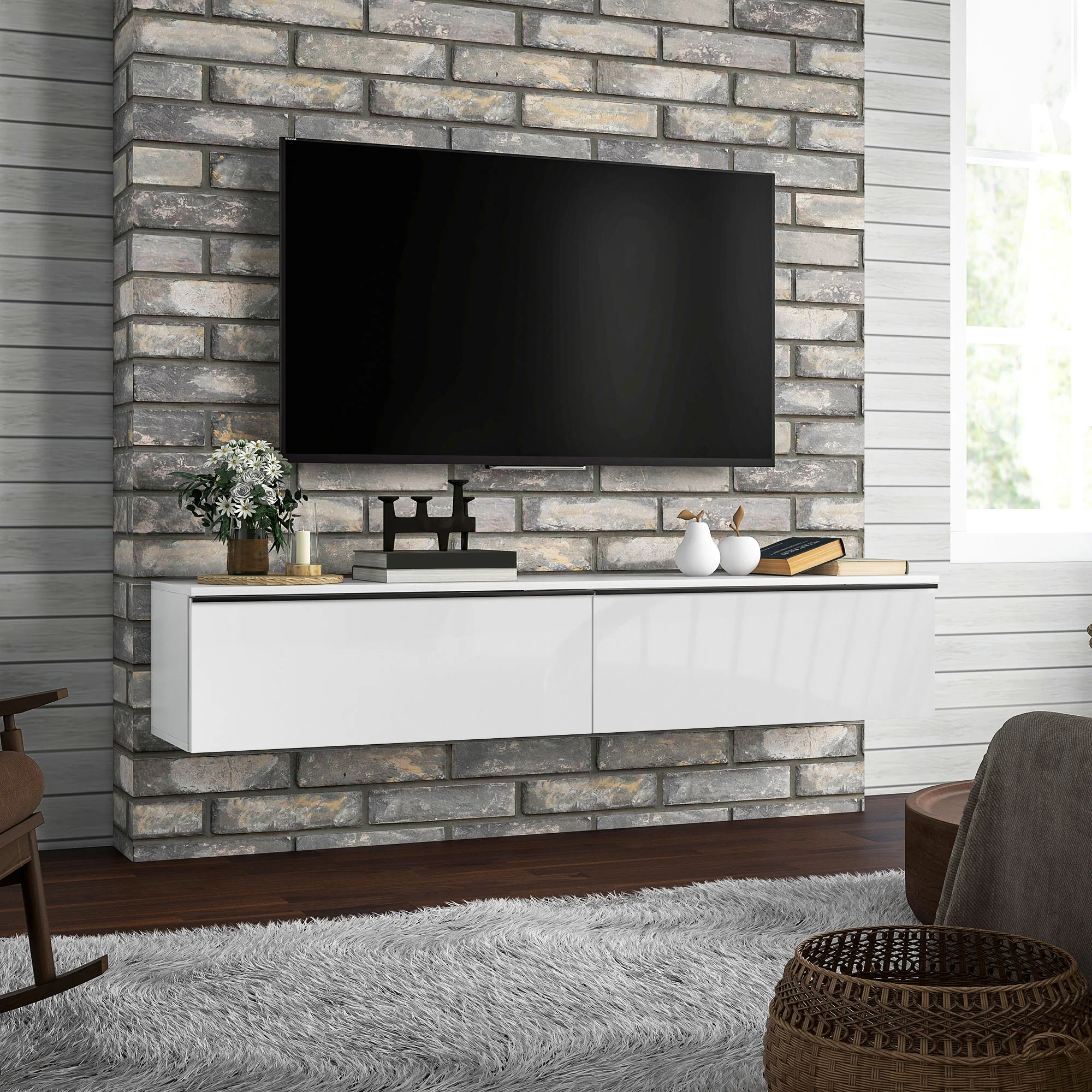 Meuble TV suspendu meuble télé bois banc TV mural pour téléviseurs jusqu'à 70 pouces avec placard à portes effet brillant, pour salon chambre à coucher, 160 x 35 x 30 cm, blanc - Image 3