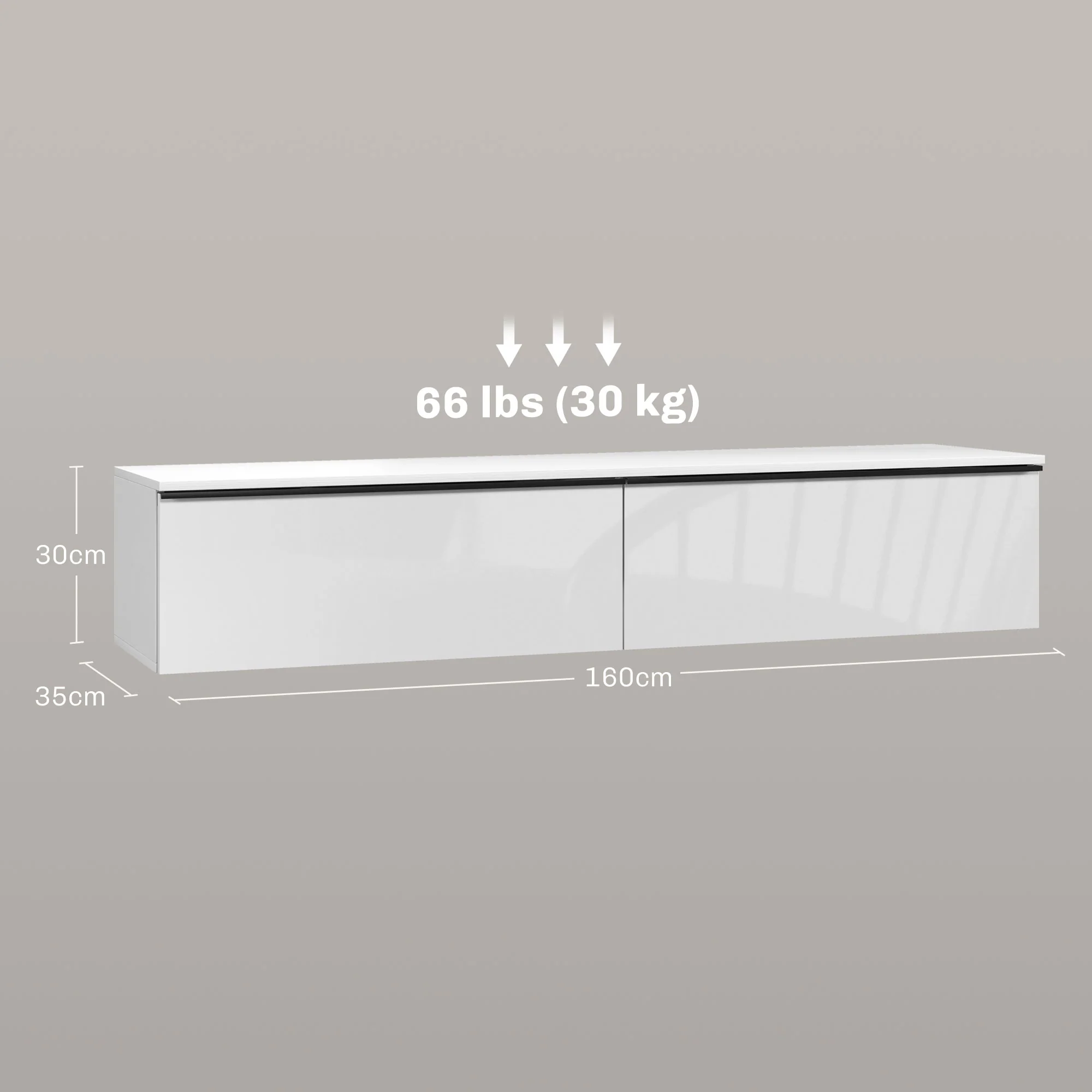 Meuble TV suspendu meuble télé bois banc TV mural pour téléviseurs jusqu'à 70 pouces avec placard à portes effet brillant, pour salon chambre à coucher, 160 x 35 x 30 cm, blanc - Image 4