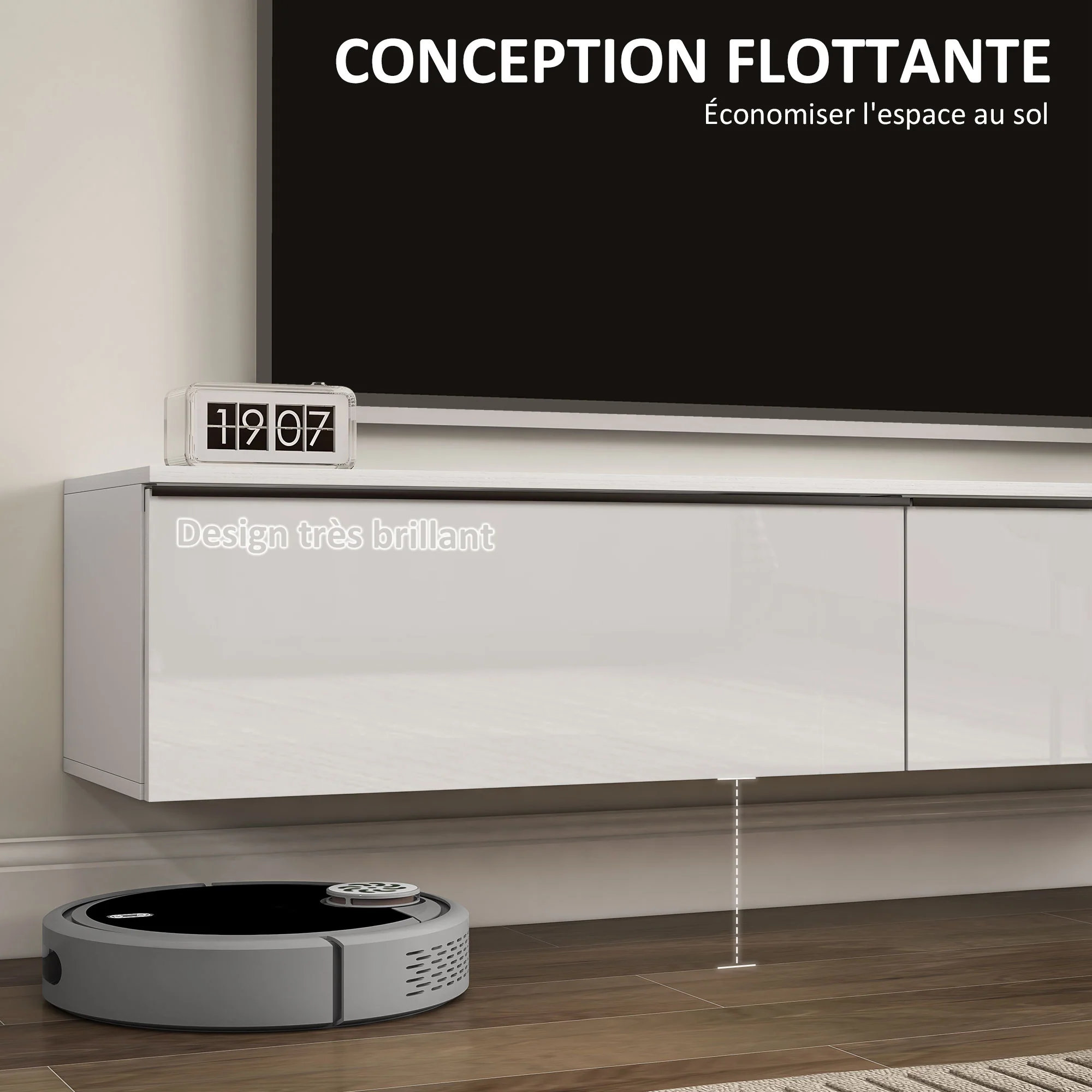 Meuble TV suspendu meuble télé bois banc TV mural pour téléviseurs jusqu'à 70 pouces avec placard à portes effet brillant, pour salon chambre à coucher, 160 x 35 x 30 cm, blanc - Image 5
