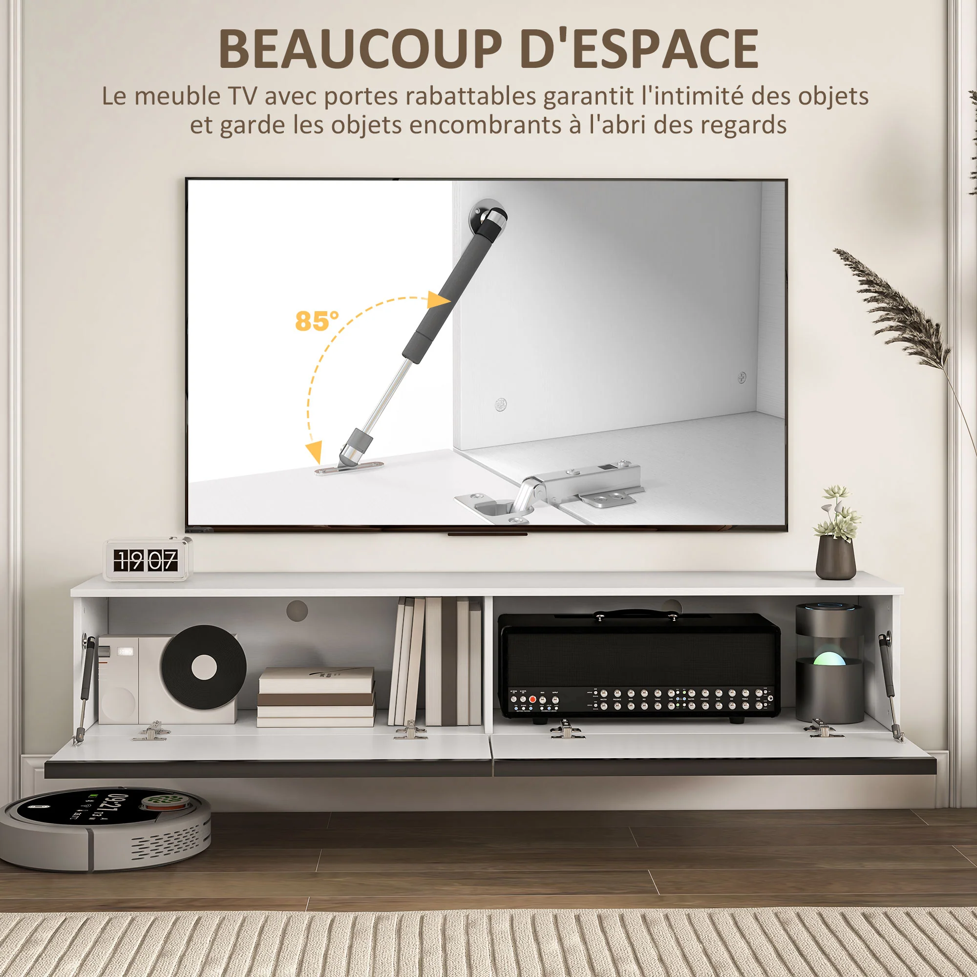 Meuble TV suspendu meuble télé bois banc TV mural pour téléviseurs jusqu'à 70 pouces avec placard à portes effet brillant, pour salon chambre à coucher, 160 x 35 x 30 cm, blanc - Image 6