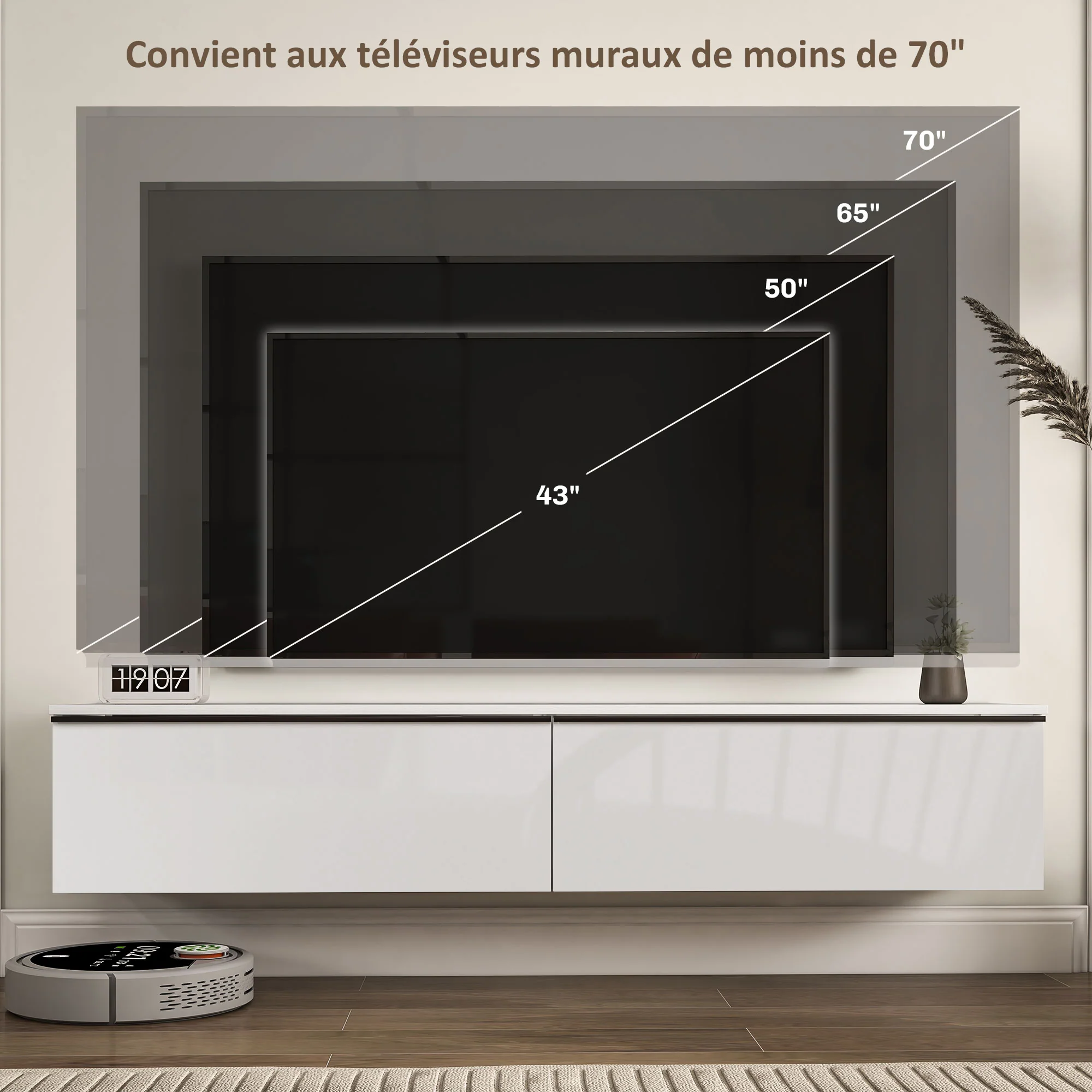 Meuble TV suspendu meuble télé bois banc TV mural pour téléviseurs jusqu'à 70 pouces avec placard à portes effet brillant, pour salon chambre à coucher, 160 x 35 x 30 cm, blanc - Image 7