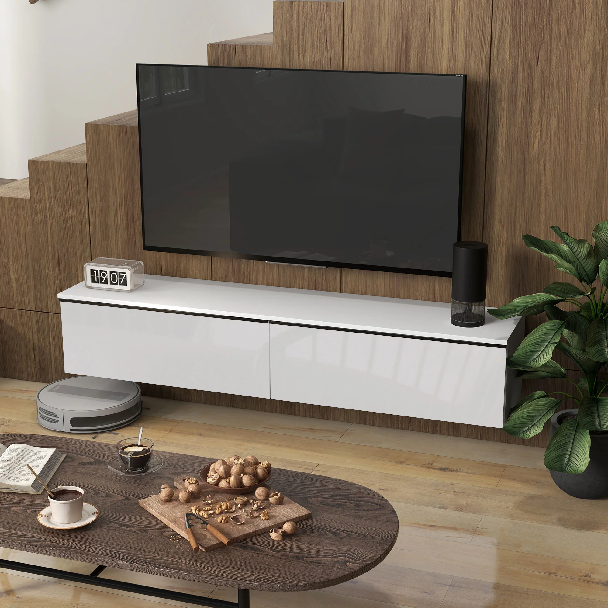Meuble TV suspendu meuble télé bois banc TV mural pour téléviseurs jusqu'à 70 pouces avec placard à portes effet brillant, pour salon chambre à coucher, 160 x 35 x 30 cm, blanc - Image 8