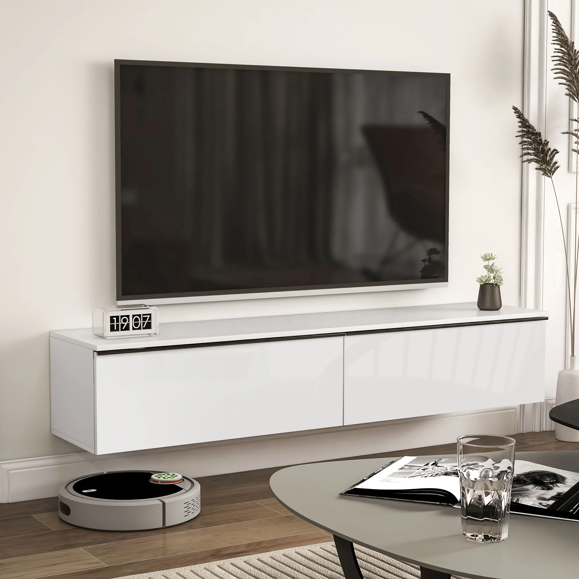 Meuble TV suspendu meuble télé bois banc TV mural pour téléviseurs jusqu'à 70 pouces avec placard à portes effet brillant, pour salon chambre à coucher, 160 x 35 x 30 cm, blanc - Image 9