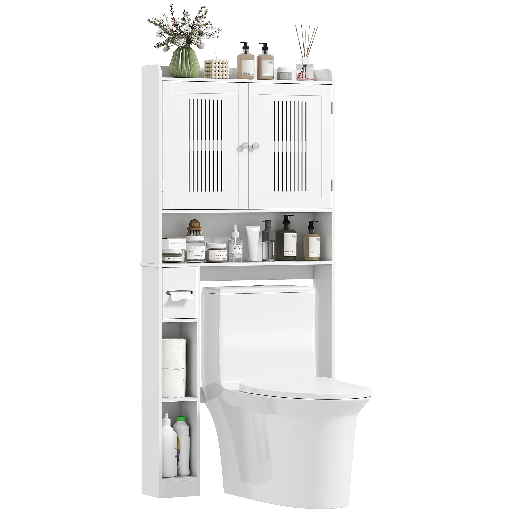 Meuble WC dessus de toilette/machine à laver avec placard à porte double, étagère réglable, meuble toilettes WC rangement armoire salle de bain avec niches et porte-papier, 80x19,5x170cm, blanc - Image 11
