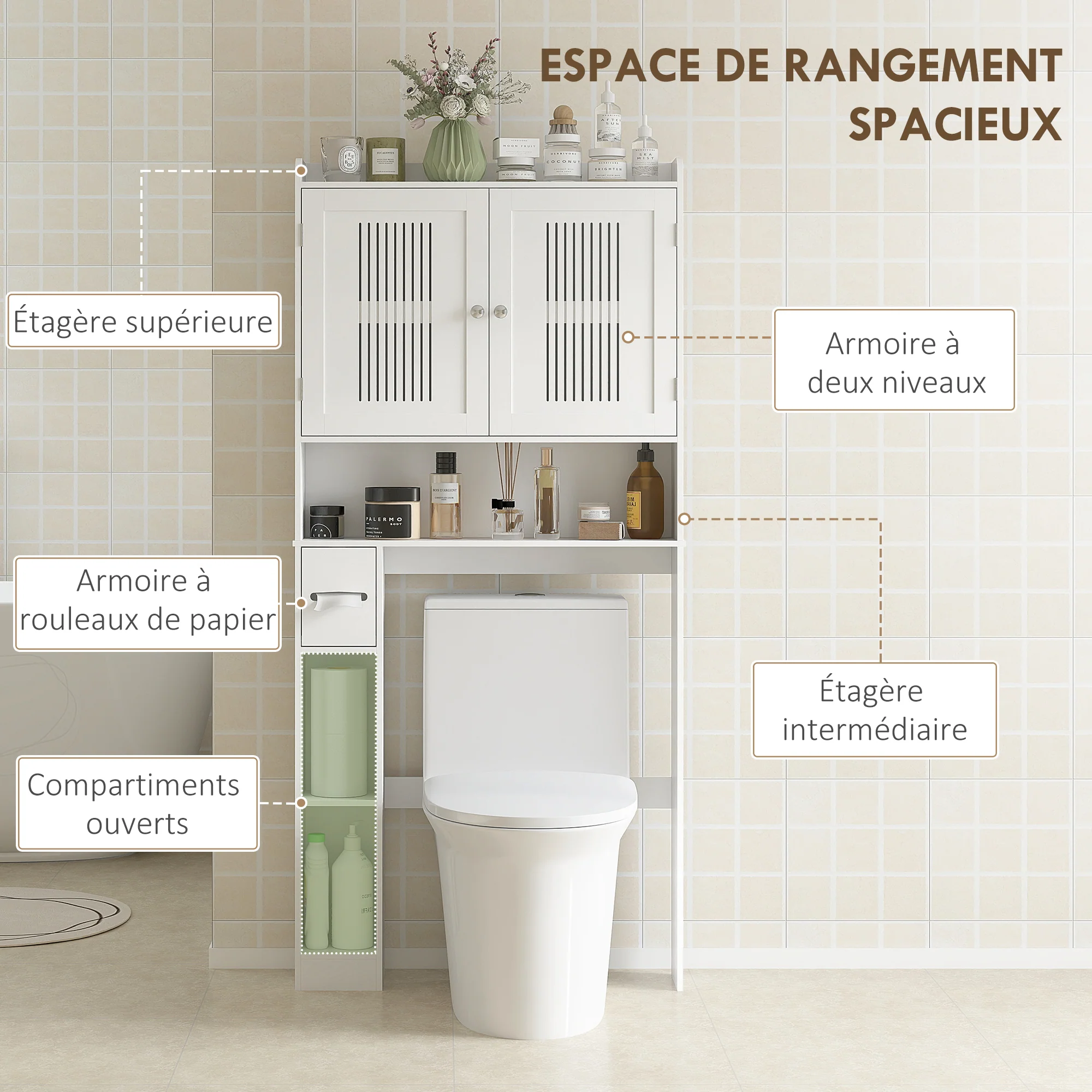 Meuble WC dessus de toilette/machine à laver avec placard à porte double, étagère réglable, meuble toilettes WC rangement armoire salle de bain avec niches et porte-papier, 80x19,5x170cm, blanc - Image 5