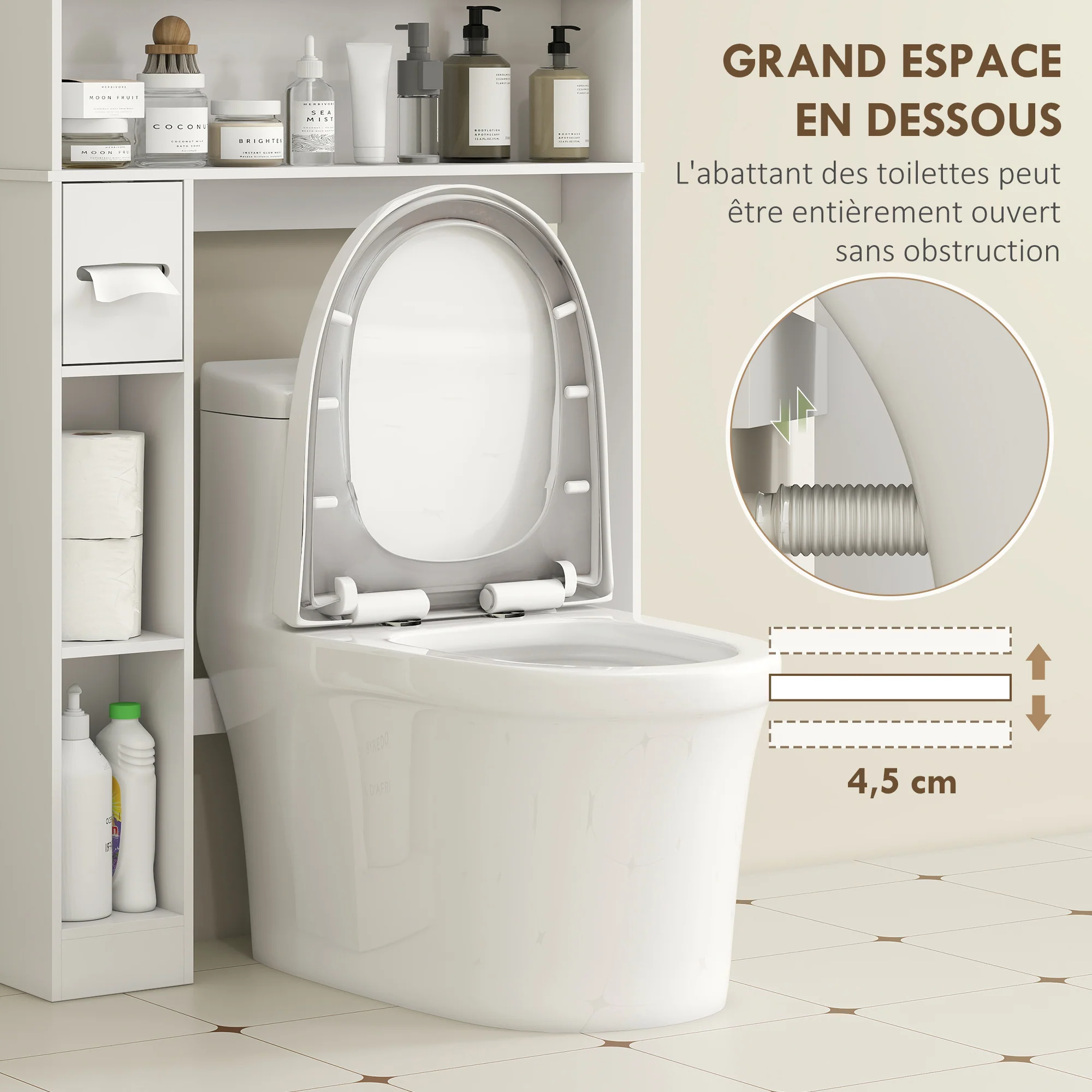 Meuble WC dessus de toilette/machine à laver avec placard à porte double, étagère réglable, meuble toilettes WC rangement armoire salle de bain avec niches et porte-papier, 80x19,5x170cm, blanc - Image 7