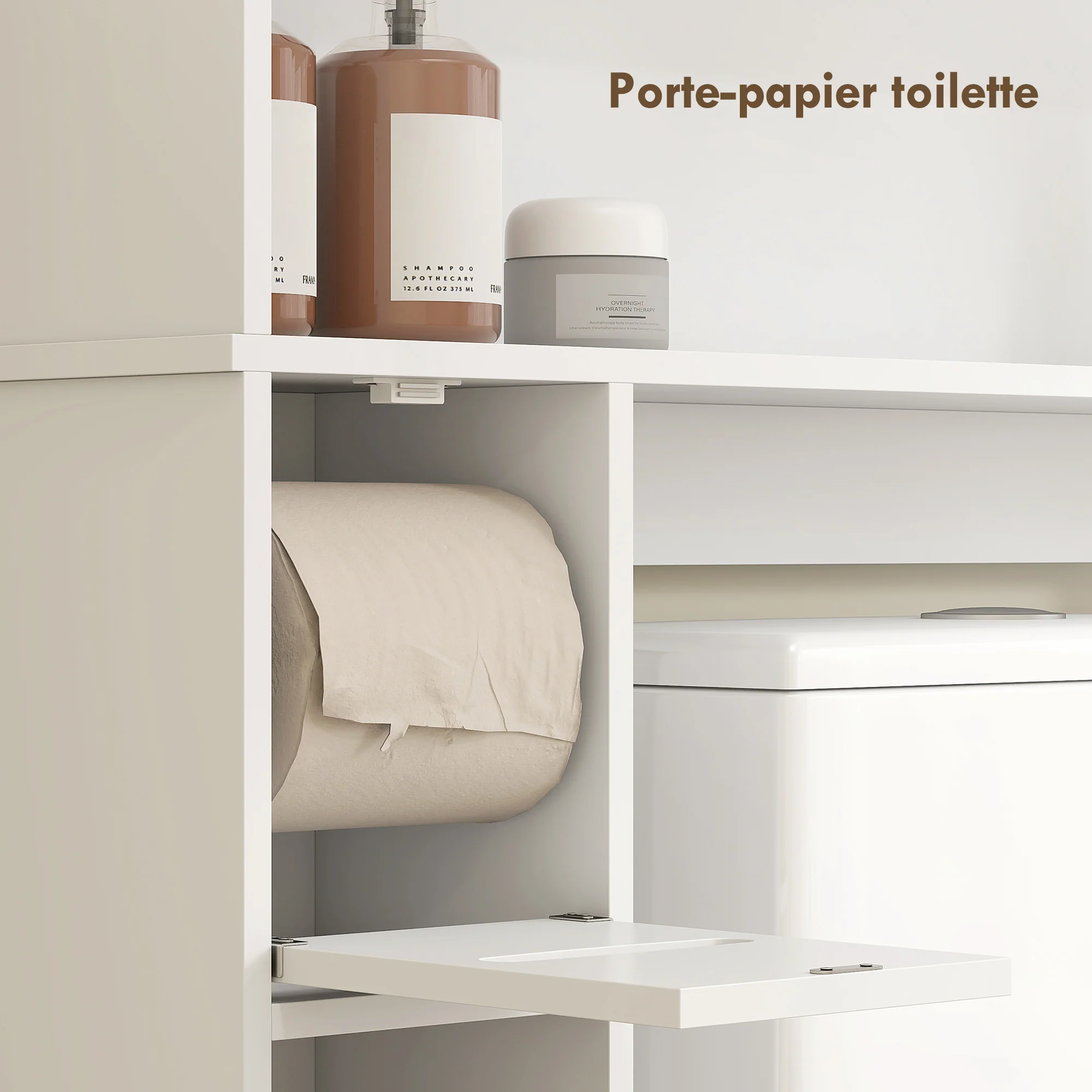 Meuble WC dessus de toilette/machine à laver avec placard à porte double, étagère réglable, meuble toilettes WC rangement armoire salle de bain avec niches et porte-papier, 80x19,5x170cm, blanc - Image 8