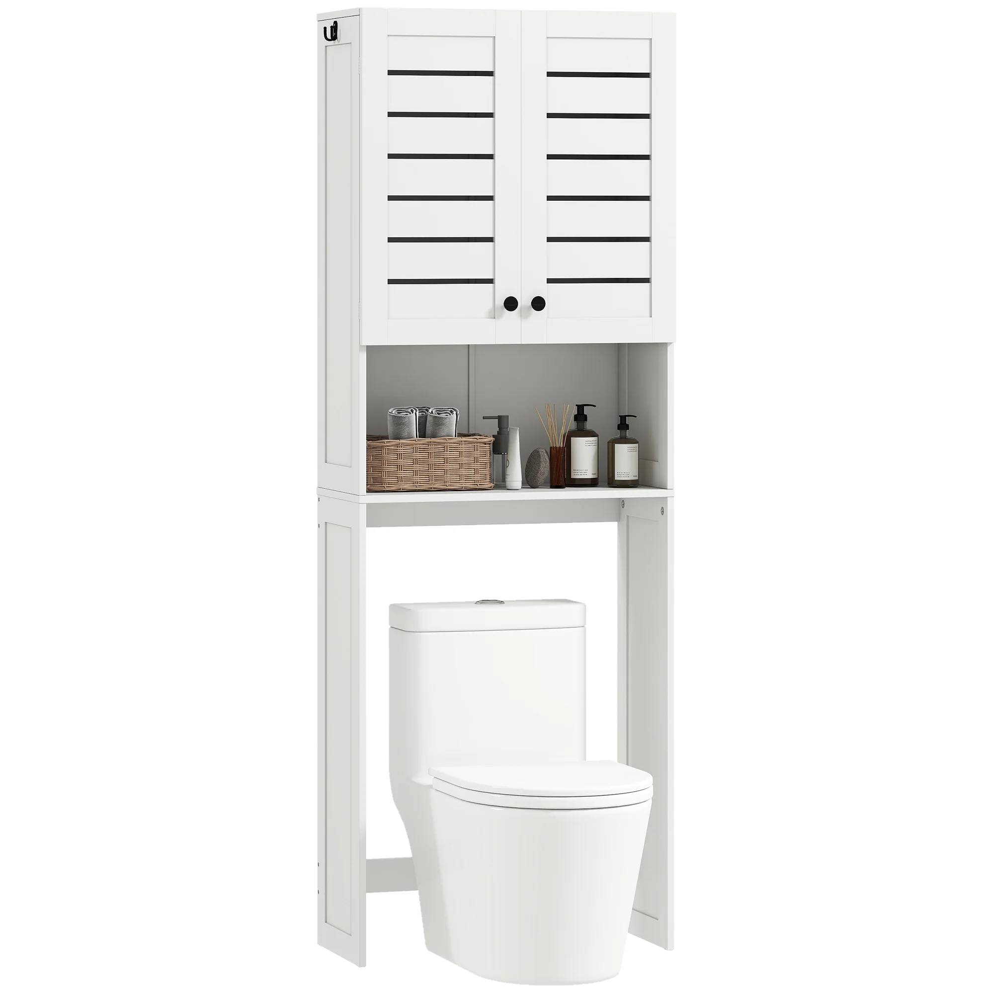 Meuble WC dessus de toilette/machine à laver avec placard à porte double, étagères, meuble toilettes WC rangement armoire salle de bain avec niches et portes à persiennes, 67x31,5x190cm, blanc - Image 11