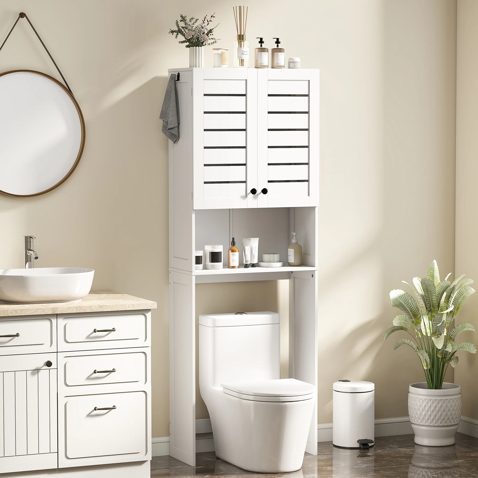 Meuble WC dessus de toilette/machine à laver avec placard à porte double, étagères, meuble toilettes WC rangement armoire salle de bain avec niches et portes à persiennes, 67x31,5x190cm, blanc - Image 3