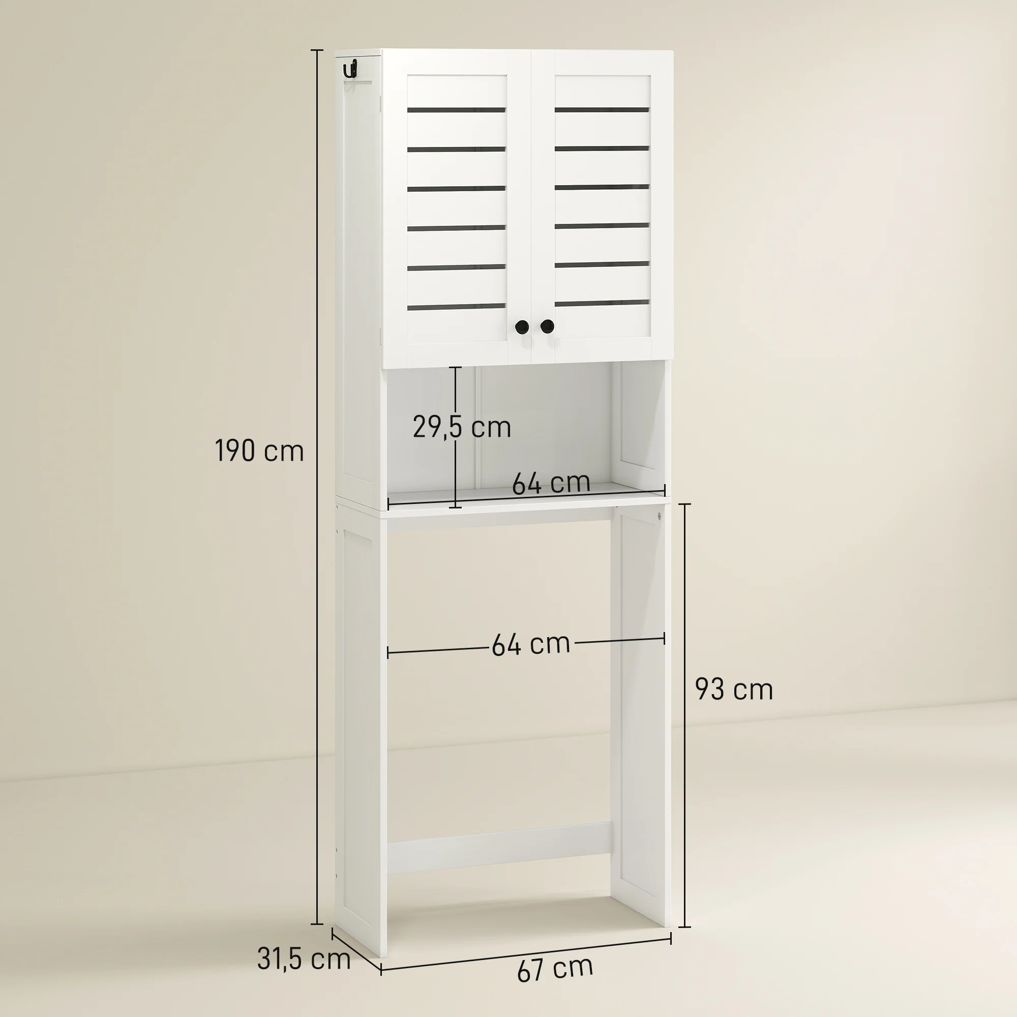 Meuble WC dessus de toilette/machine à laver avec placard à porte double, étagères, meuble toilettes WC rangement armoire salle de bain avec niches et portes à persiennes, 67x31,5x190cm, blanc - Image 4