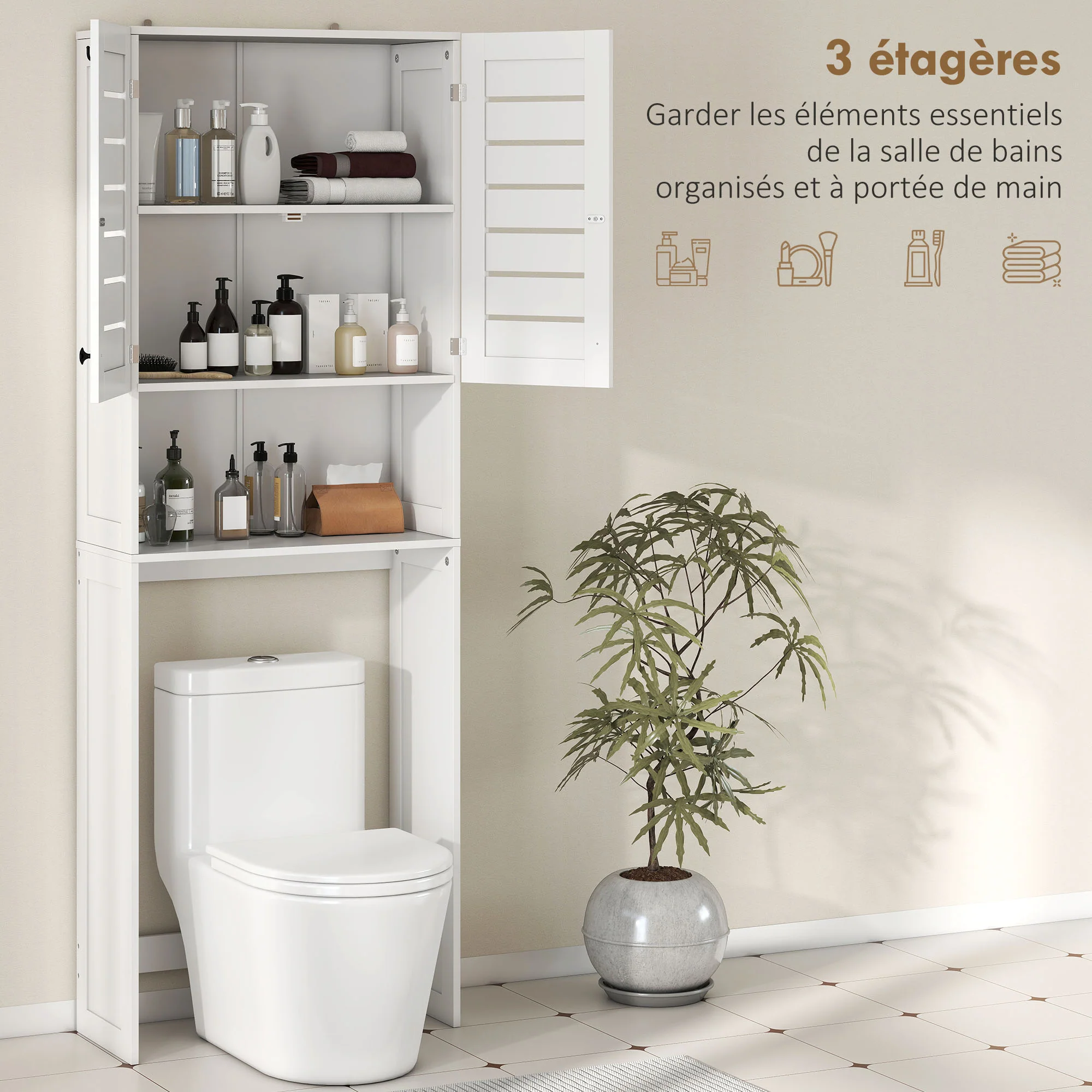 Meuble WC dessus de toilette/machine à laver avec placard à porte double, étagères, meuble toilettes WC rangement armoire salle de bain avec niches et portes à persiennes, 67x31,5x190cm, blanc - Image 5