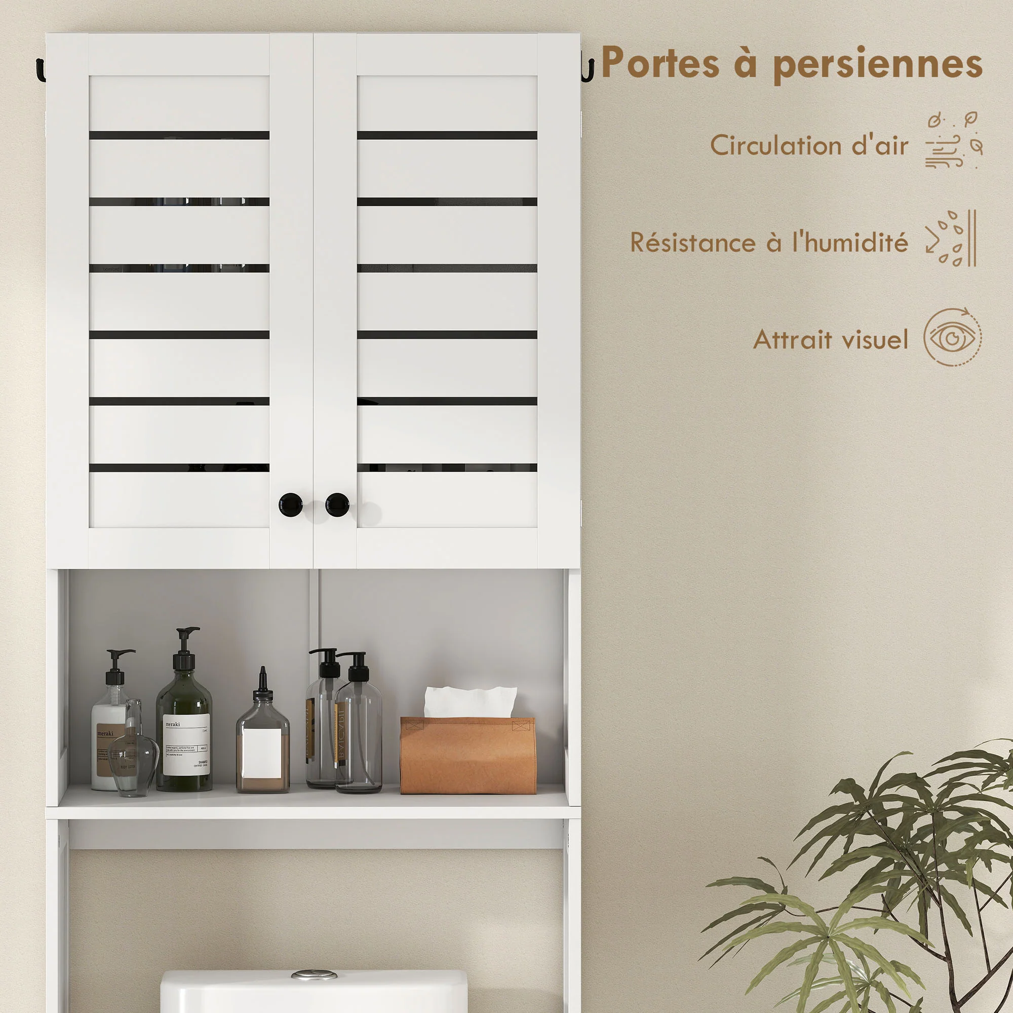 Meuble WC dessus de toilette/machine à laver avec placard à porte double, étagères, meuble toilettes WC rangement armoire salle de bain avec niches et portes à persiennes, 67x31,5x190cm, blanc - Image 6