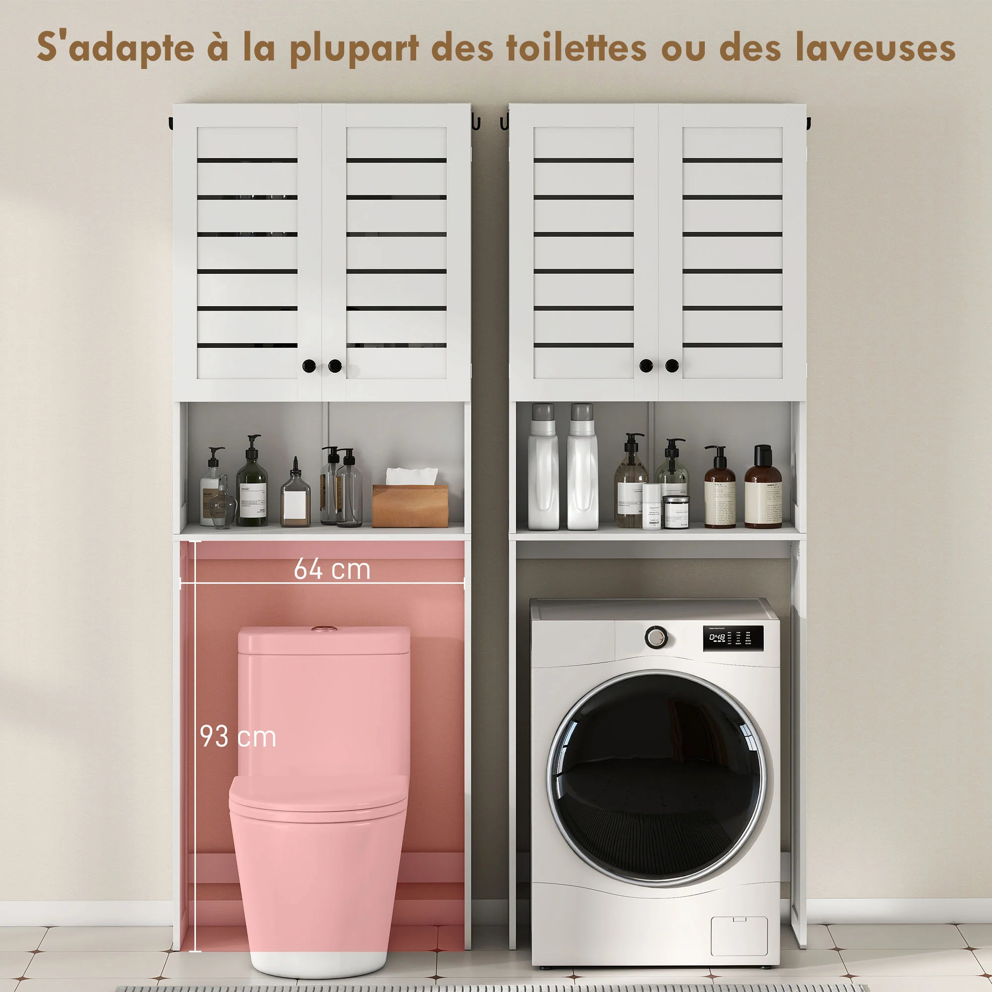 Meuble WC dessus de toilette/machine à laver avec placard à porte double, étagères, meuble toilettes WC rangement armoire salle de bain avec niches et portes à persiennes, 67x31,5x190cm, blanc - Image 7