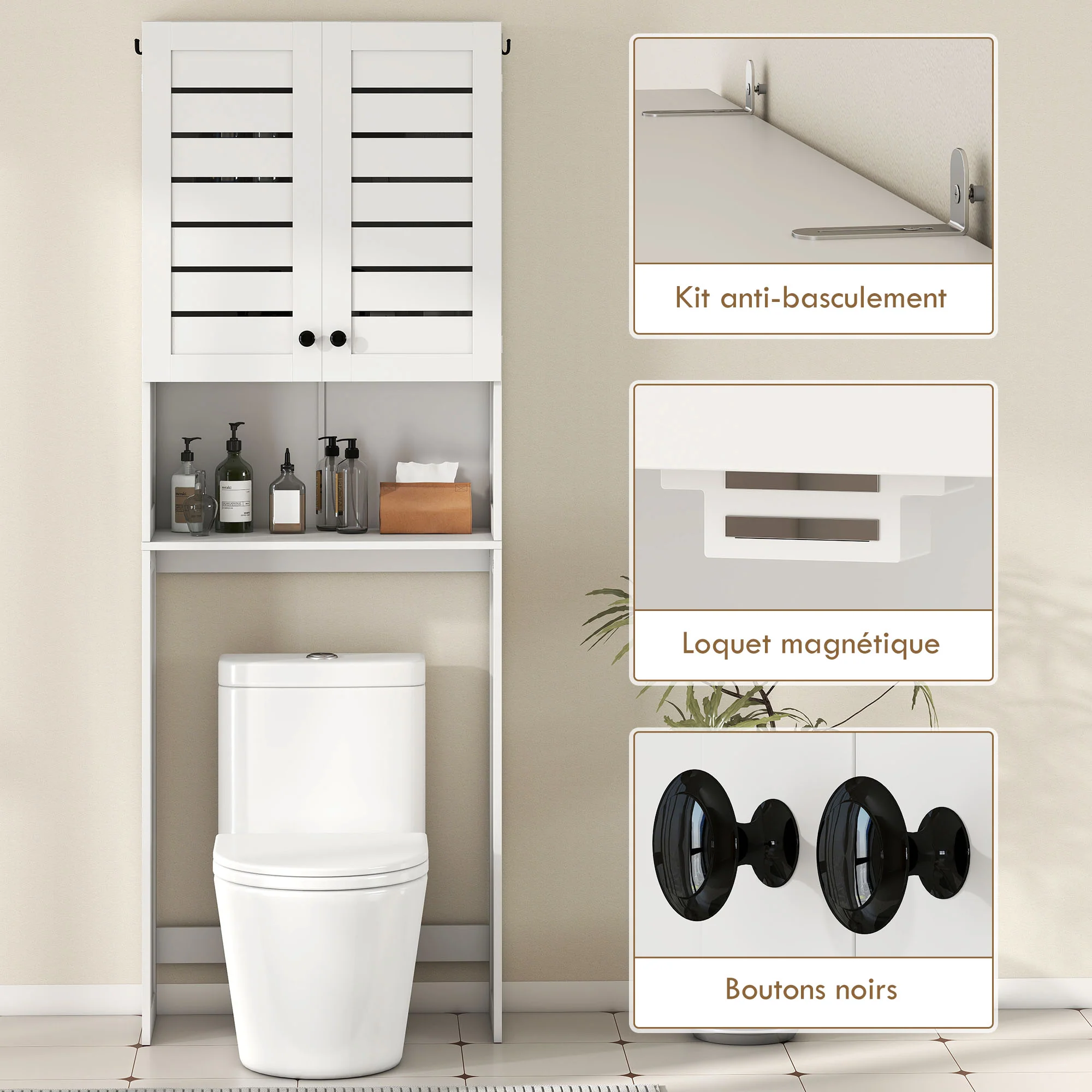 Meuble WC dessus de toilette/machine à laver avec placard à porte double, étagères, meuble toilettes WC rangement armoire salle de bain avec niches et portes à persiennes, 67x31,5x190cm, blanc - Image 8