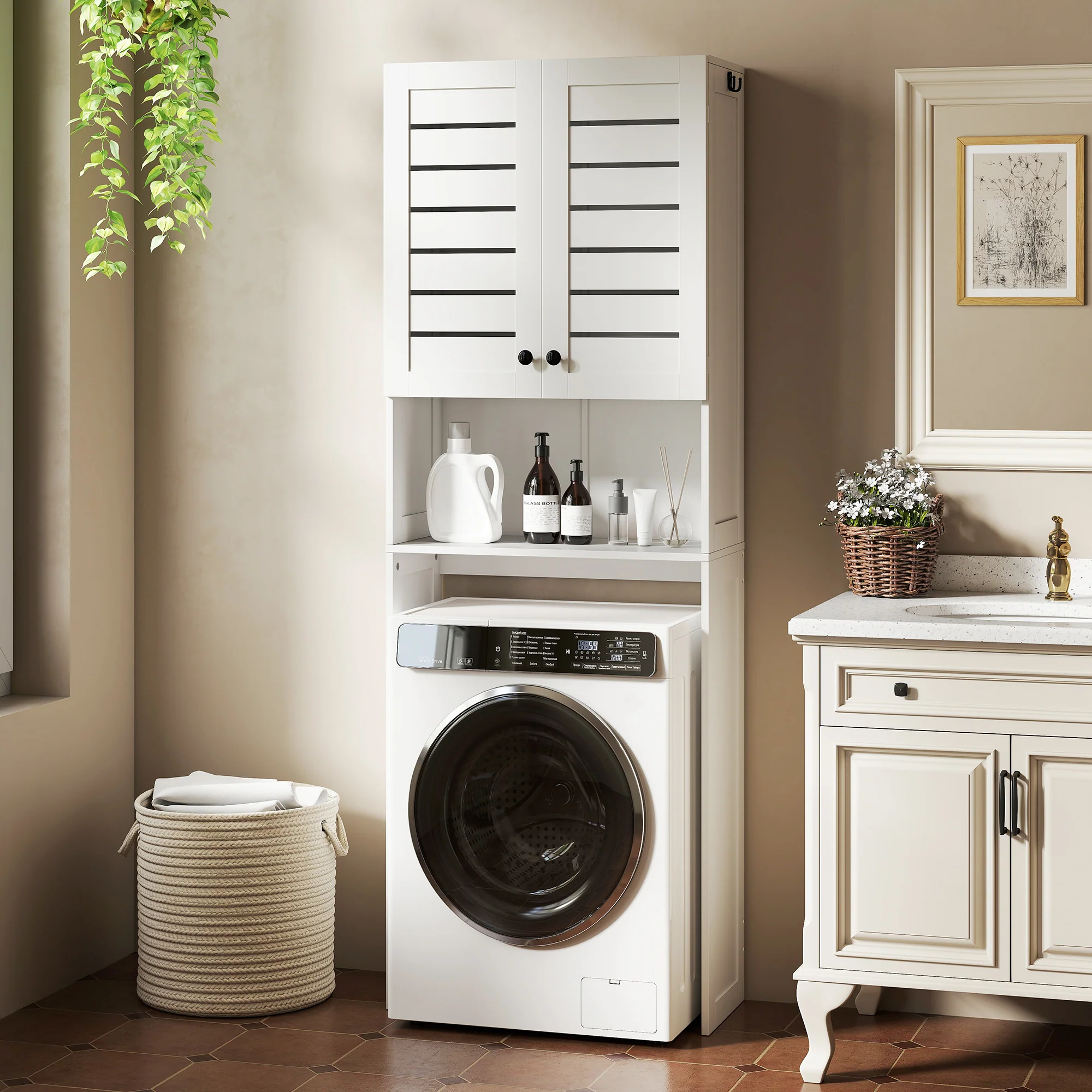 Meuble WC dessus de toilette/machine à laver avec placard à porte double, étagères, meuble toilettes WC rangement armoire salle de bain avec niches et portes à persiennes, 67x31,5x190cm, blanc - Image 9