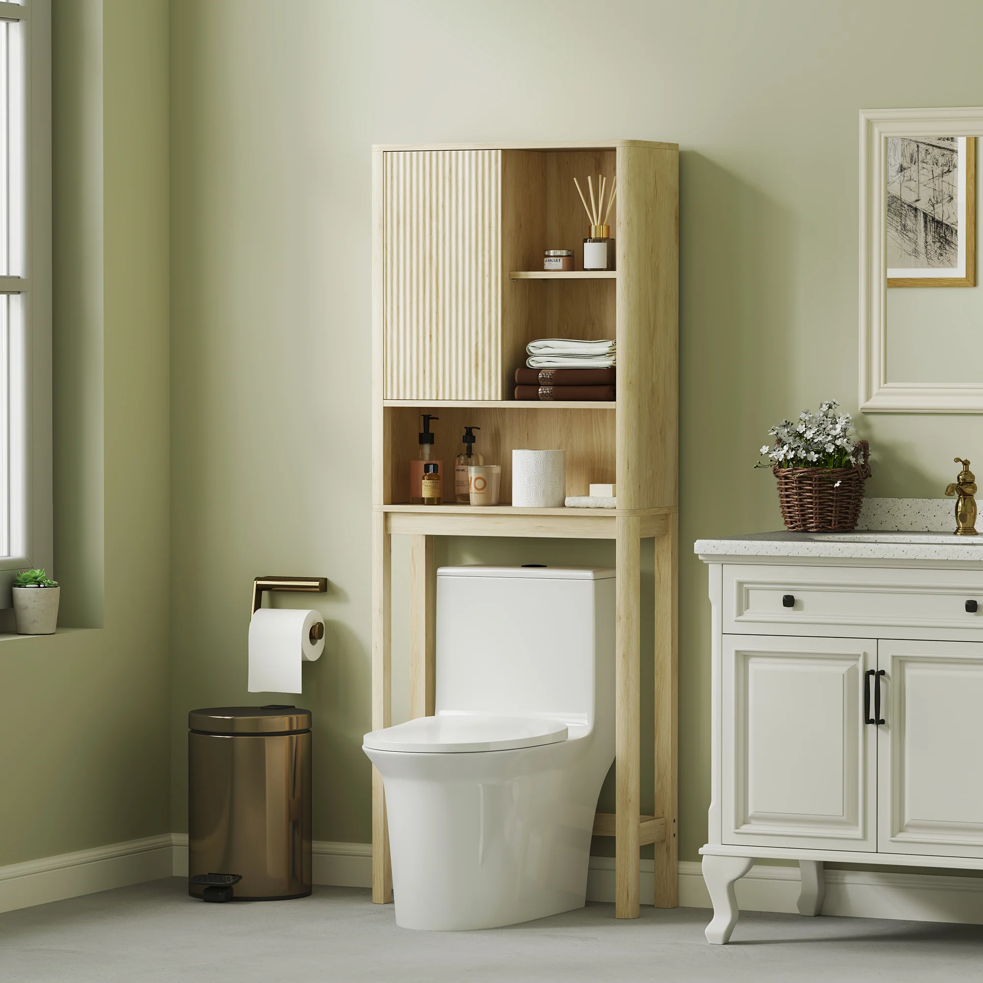 Meuble WC dessus de toilette meuble toilettes WC rangement armoire de rangement de salle de bain avec porte coulissante, compartiments et étagère réglable, 65 x 25 x 170 cm, bois naturel - Image 10
