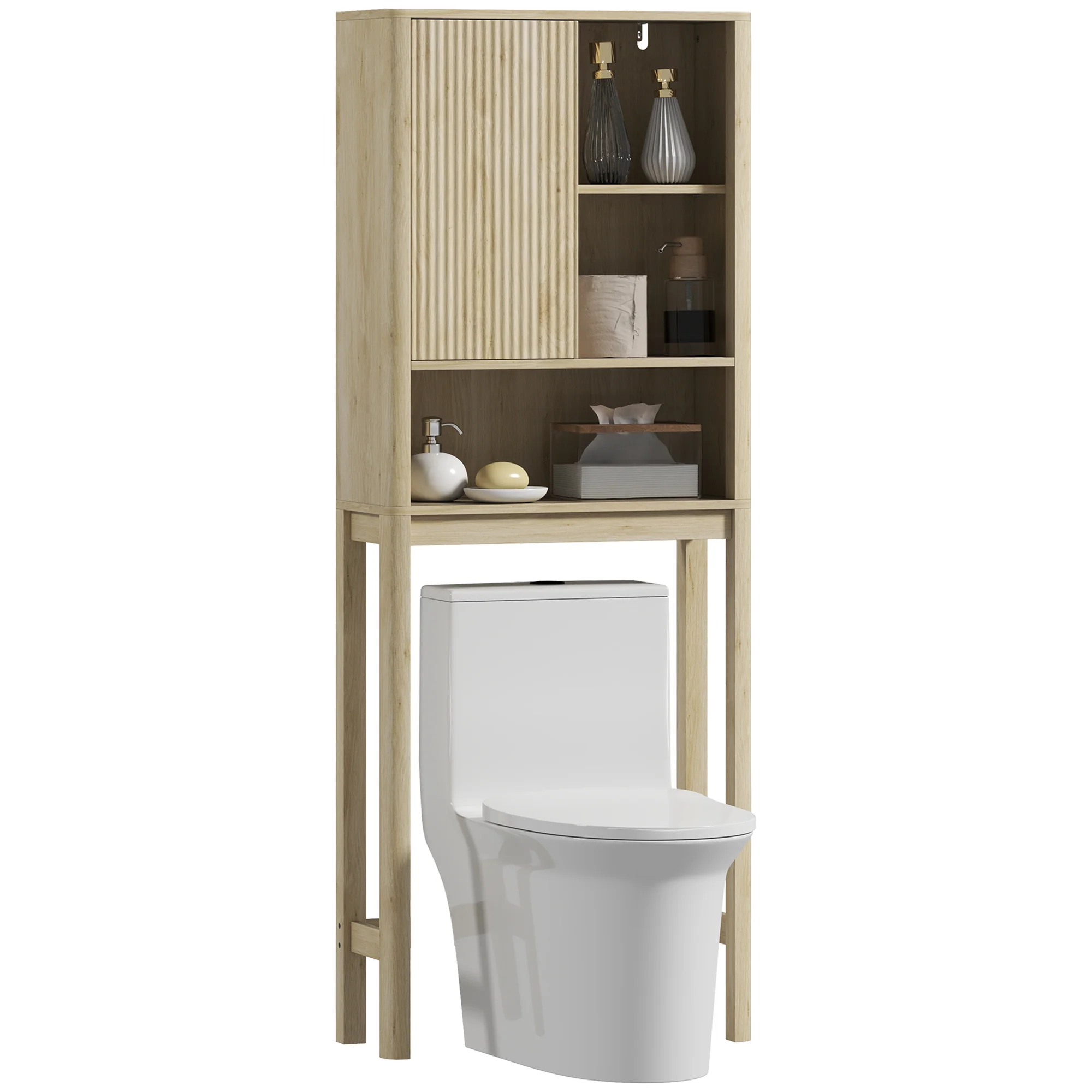 Meuble WC dessus de toilette meuble toilettes WC rangement armoire de rangement de salle de bain avec porte coulissante, compartiments et étagère réglable, 65 x 25 x 170 cm, bois naturel - Image 11