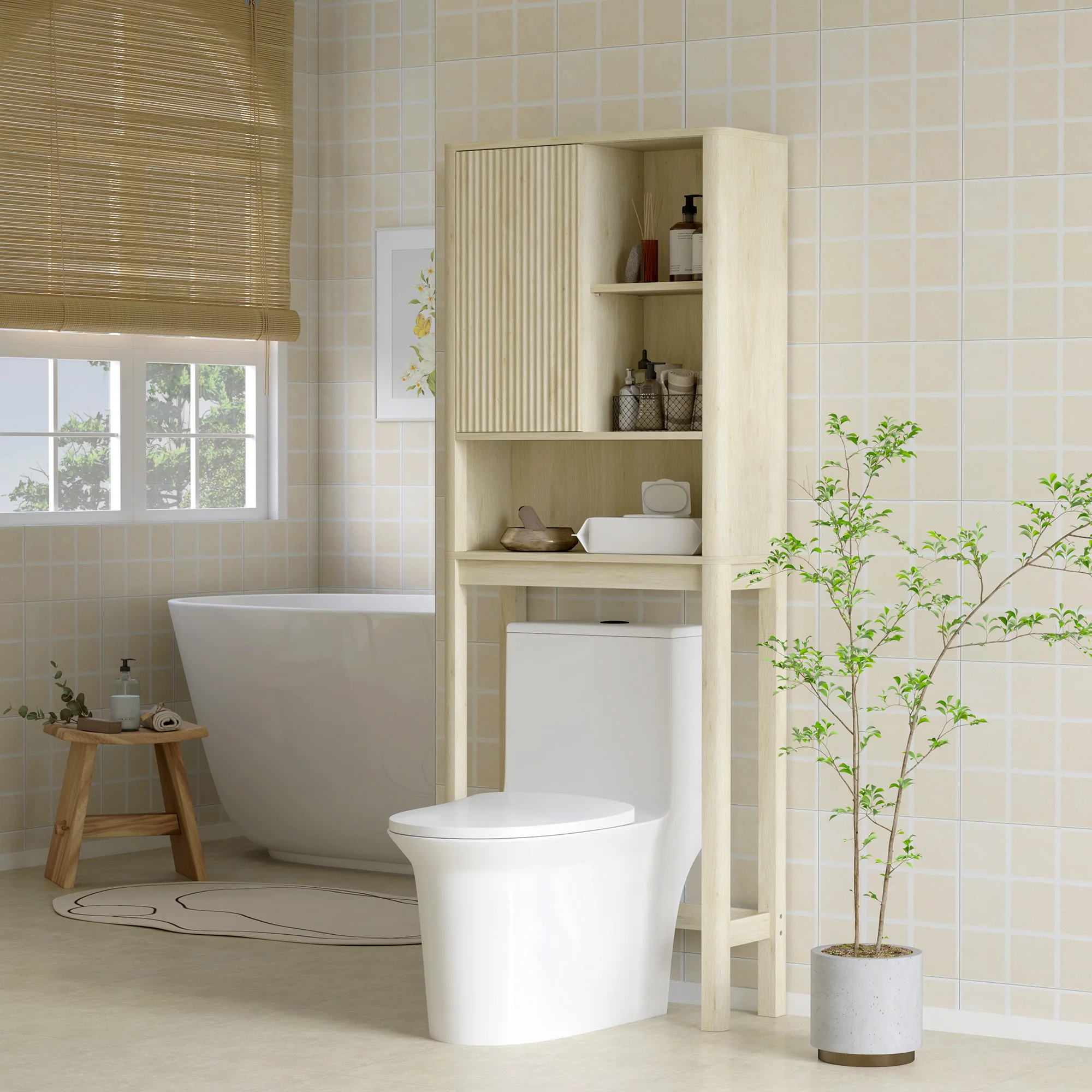 Meuble WC dessus de toilette meuble toilettes WC rangement armoire de rangement de salle de bain avec porte coulissante, compartiments et étagère réglable, 65 x 25 x 170 cm, bois naturel - Image 3