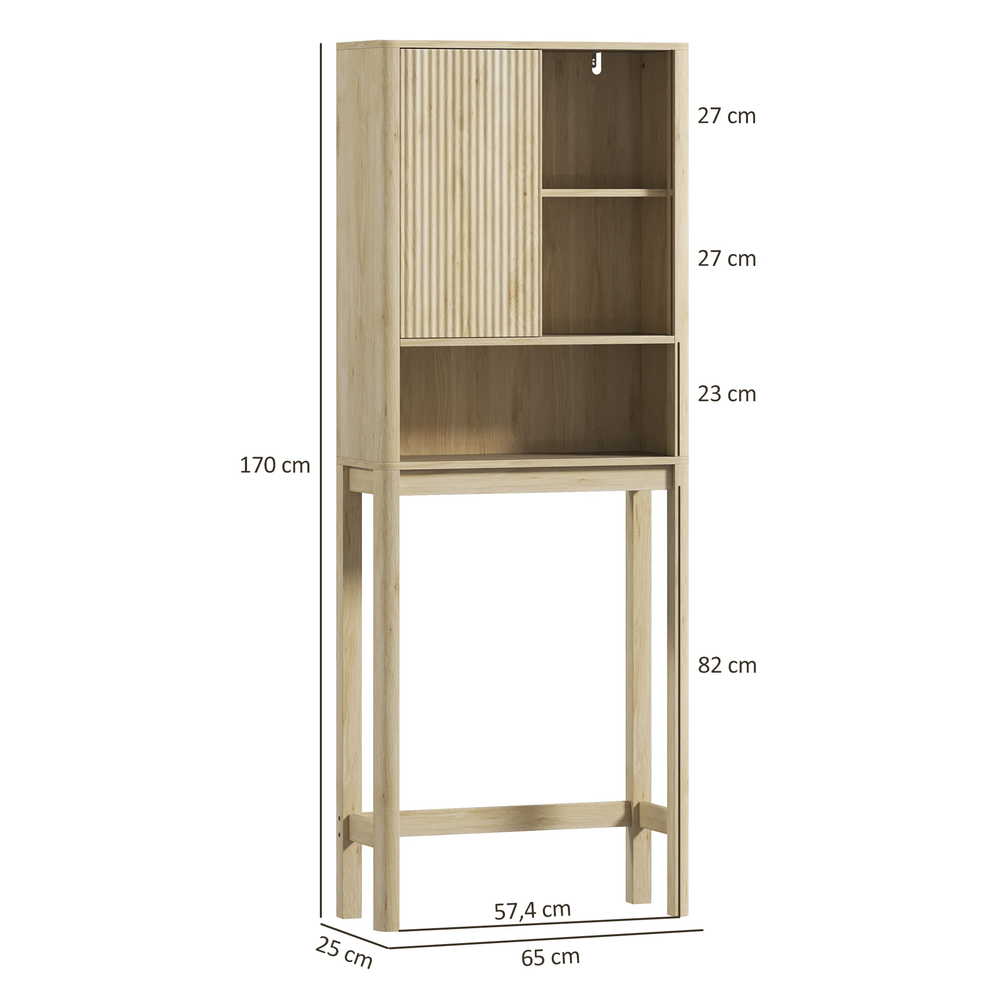 Meuble WC dessus de toilette meuble toilettes WC rangement armoire de rangement de salle de bain avec porte coulissante, compartiments et étagère réglable, 65 x 25 x 170 cm, bois naturel - Image 4
