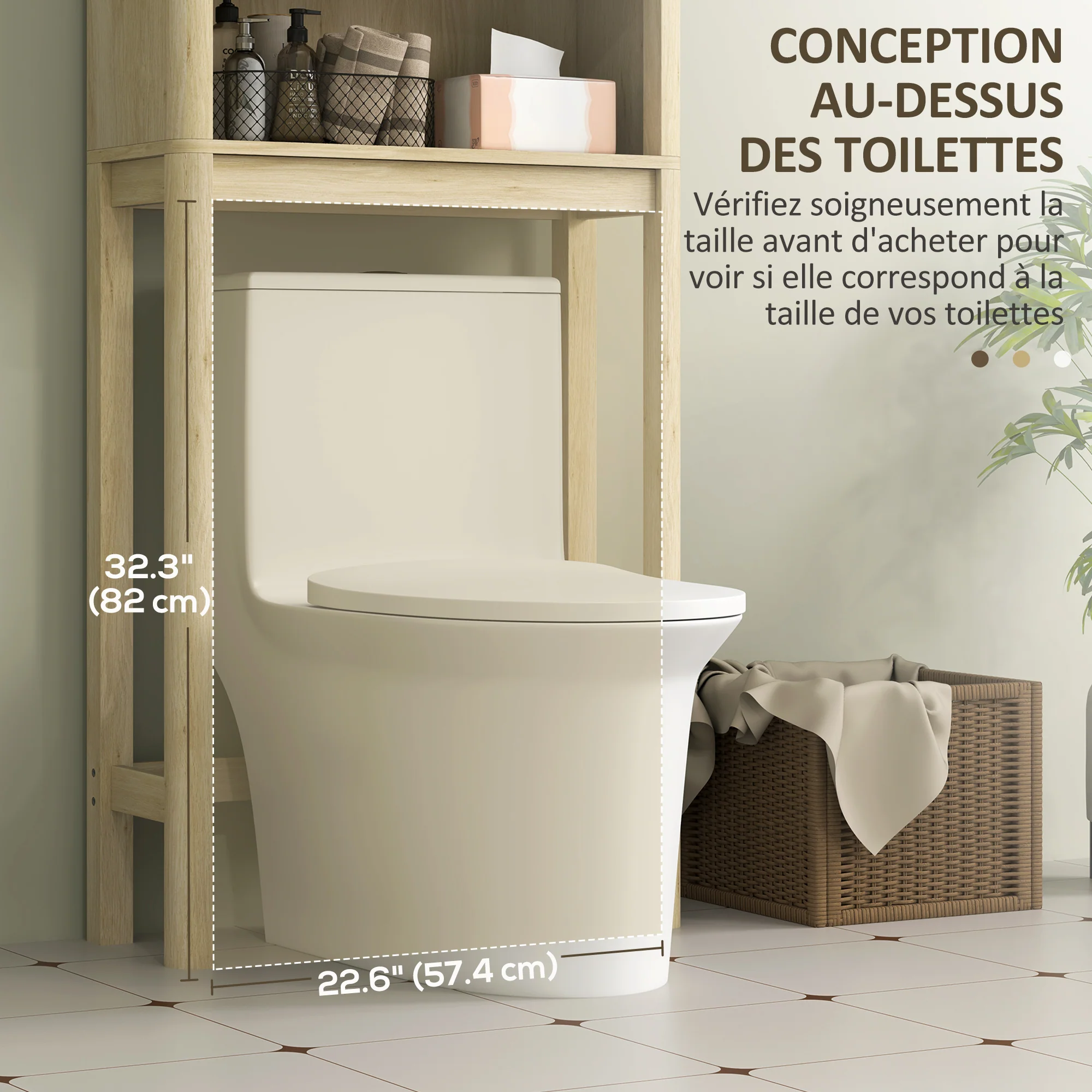 Meuble WC dessus de toilette meuble toilettes WC rangement armoire de rangement de salle de bain avec porte coulissante, compartiments et étagère réglable, 65 x 25 x 170 cm, bois naturel - Image 5