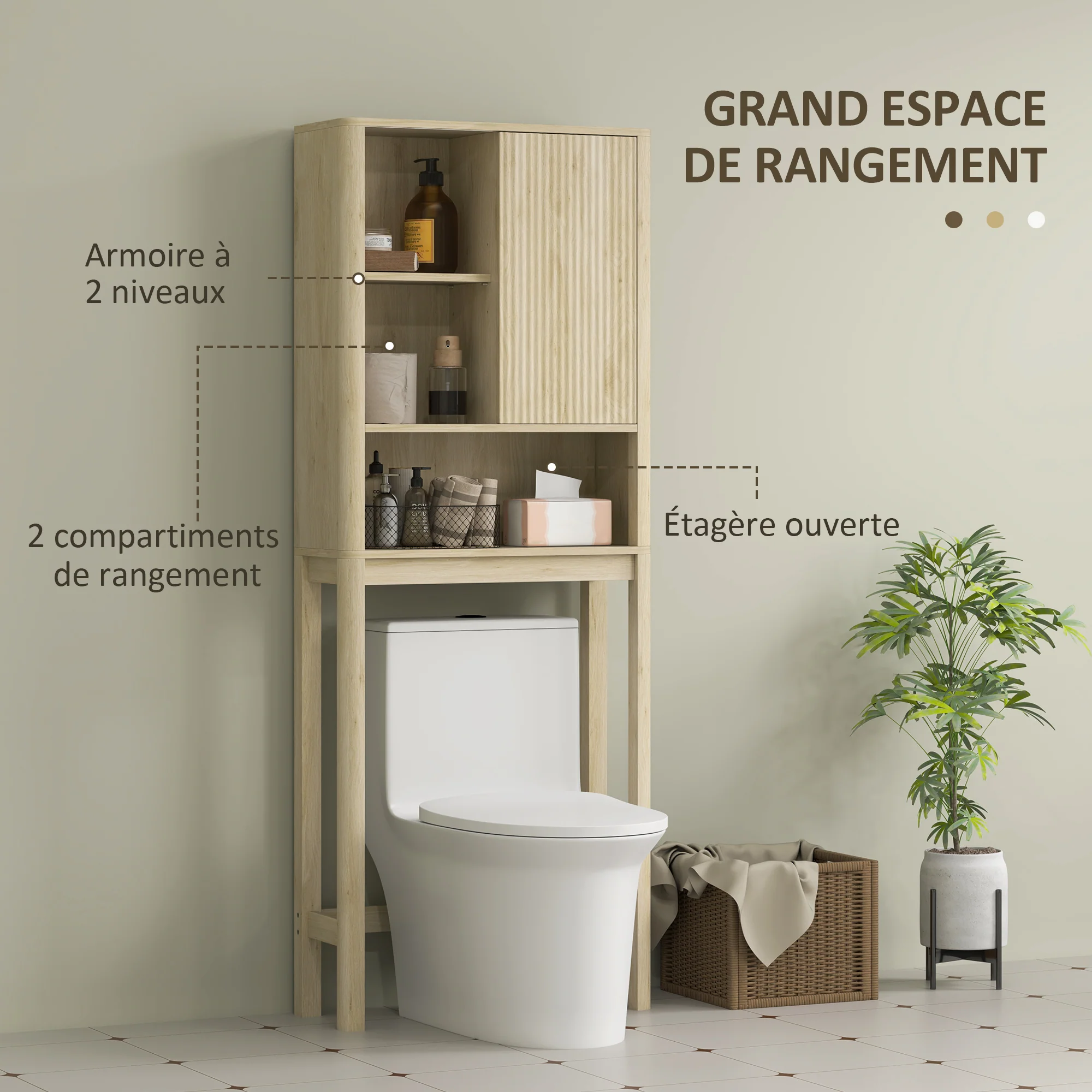 Meuble WC dessus de toilette meuble toilettes WC rangement armoire de rangement de salle de bain avec porte coulissante, compartiments et étagère réglable, 65 x 25 x 170 cm, bois naturel - Image 6