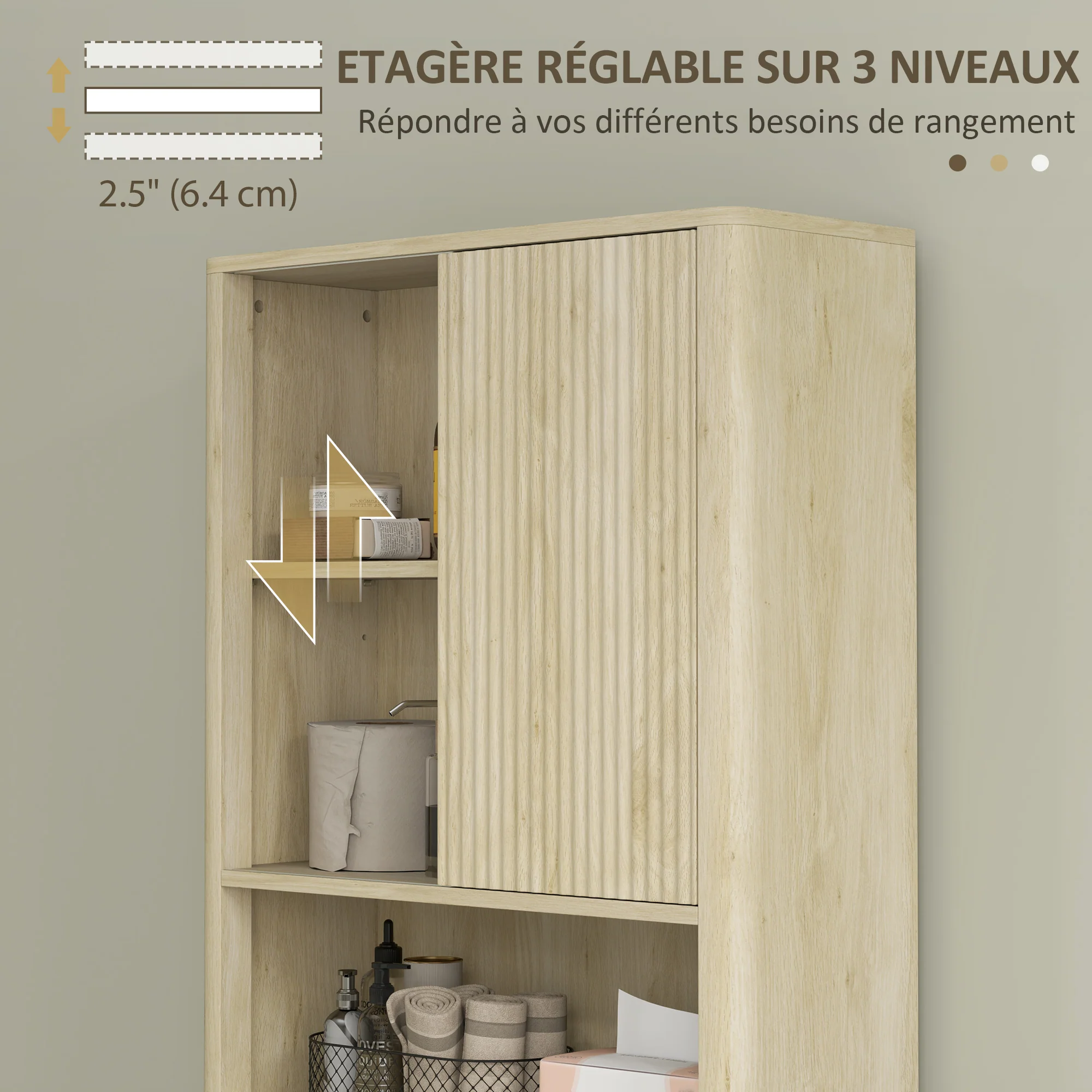 Meuble WC dessus de toilette meuble toilettes WC rangement armoire de rangement de salle de bain avec porte coulissante, compartiments et étagère réglable, 65 x 25 x 170 cm, bois naturel - Image 7