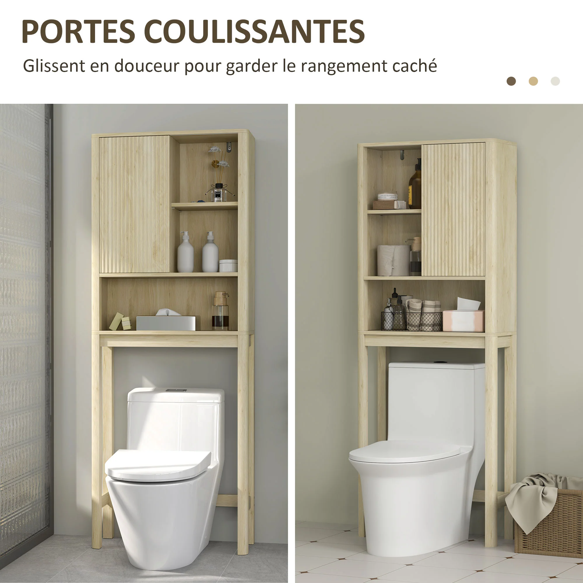Meuble WC dessus de toilette meuble toilettes WC rangement armoire de rangement de salle de bain avec porte coulissante, compartiments et étagère réglable, 65 x 25 x 170 cm, bois naturel - Image 8