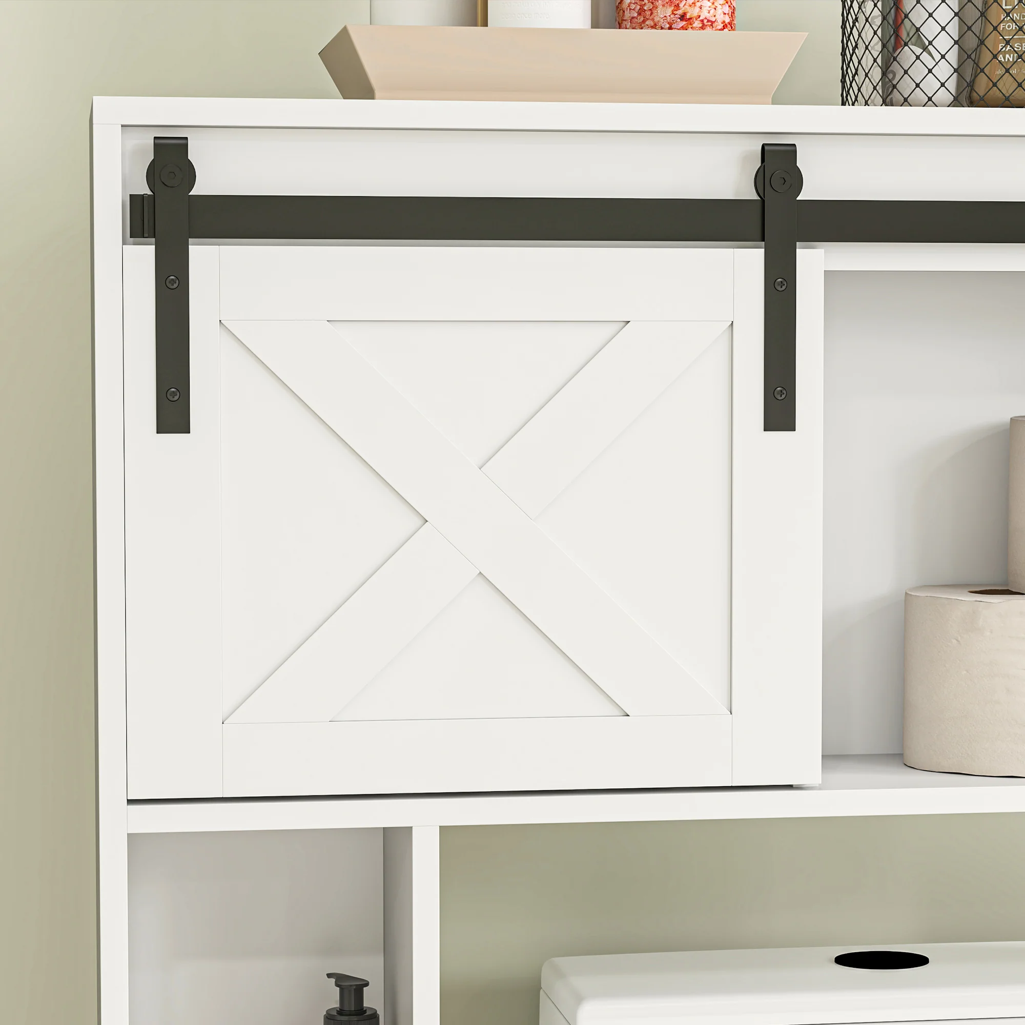 Meuble WC dessus de toilette meuble toilettes WC rangement armoire de rangement de salle de bain avec porte coulissante, compartiments et étagère réglable, blanc - Image 10