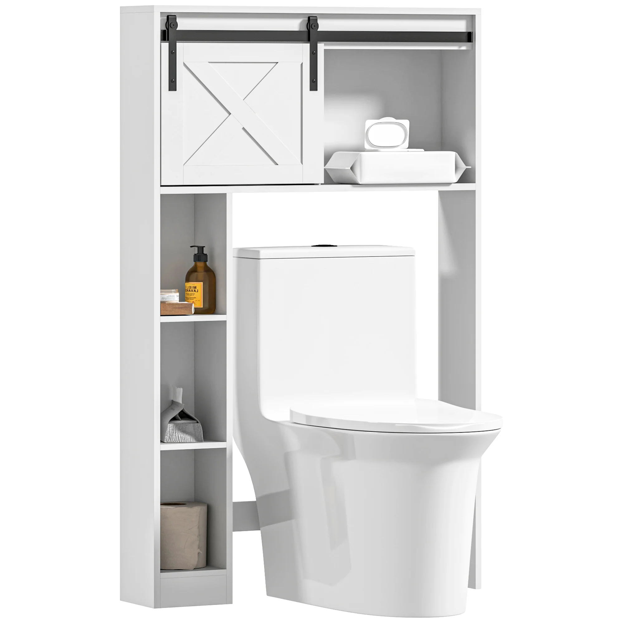 Meuble WC dessus de toilette meuble toilettes WC rangement armoire de rangement de salle de bain avec porte coulissante, compartiments et étagère réglable, blanc - Image 11